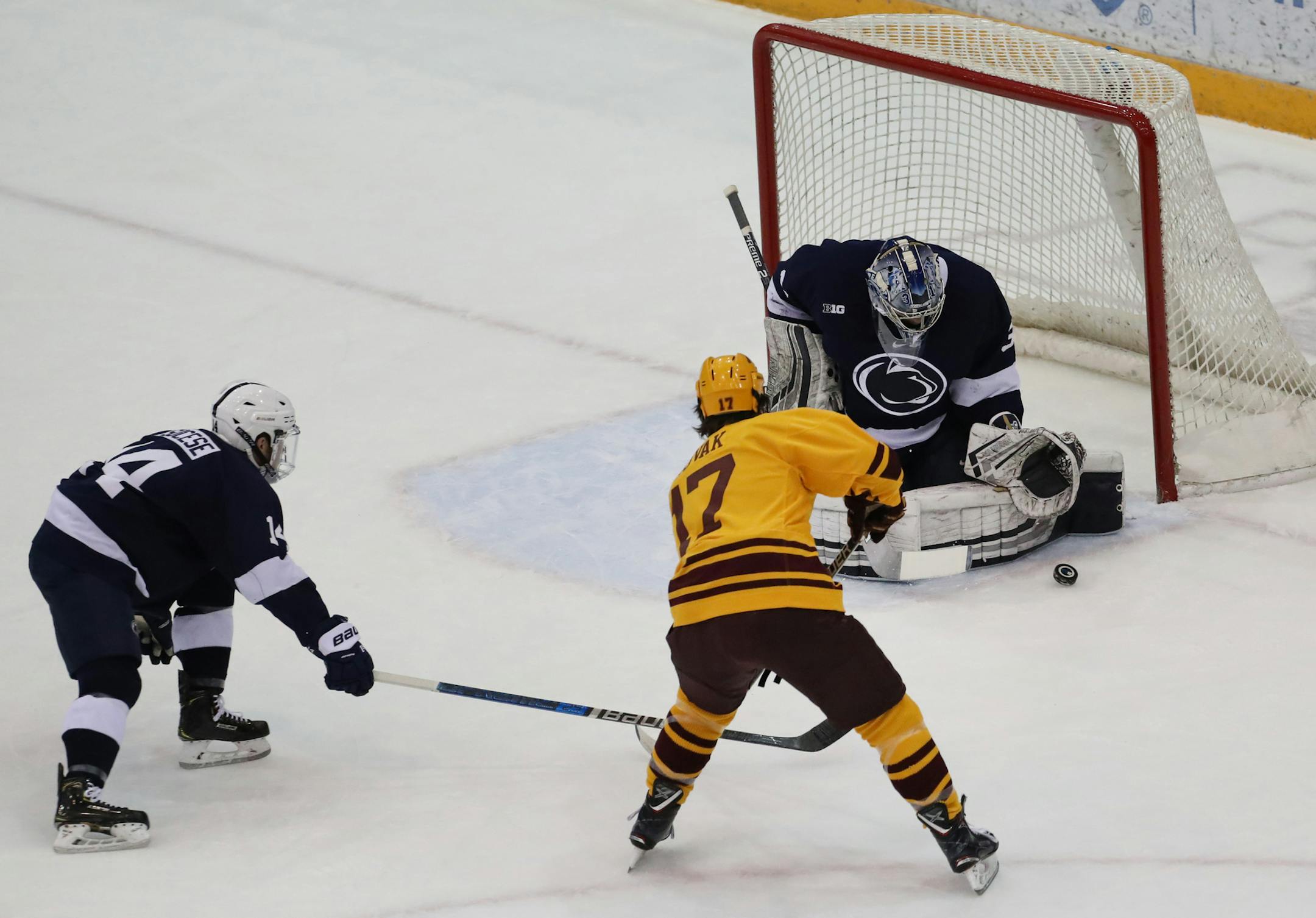 Minnesota Golden Gophers center Tommy Novak (17) couldn't reach a rebound of the pad of Penn State Nittany Lions goaltender Peyton Jones (31) in the first period. ] Shari L. Gross • shari.gross@startribune.com University of Minnesota and Penn State were tied 1-1 at the end of the first period in a game at Mariucci arena in Minneapolis, Minn. on Saturday, January 5, 2019.
