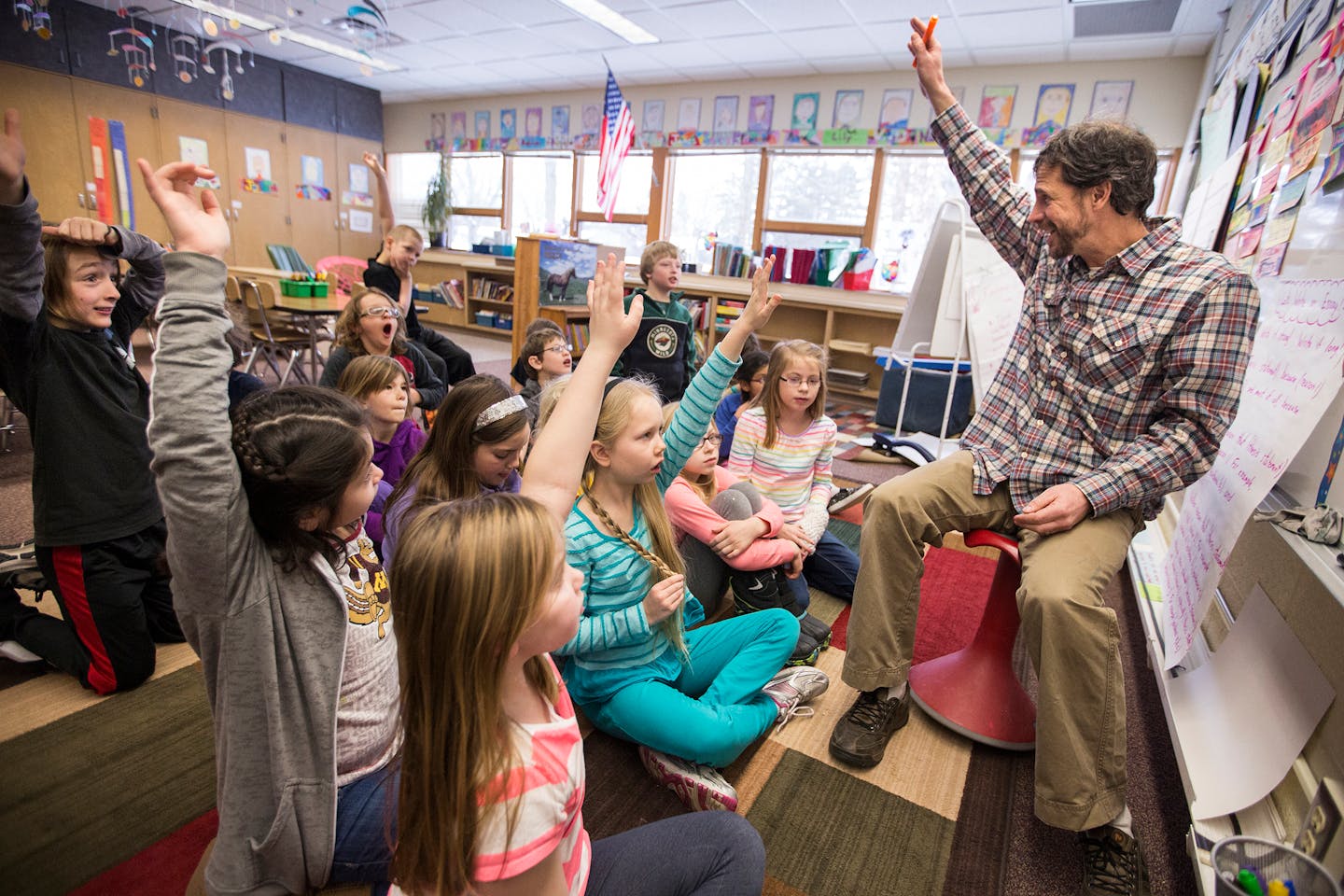 Third grade teacher Chris Warner engaged his students in a book discussion during class at Marine Elementary School in Marine on St. Croix in January 2016. The school has sat idle since spring of 2017.