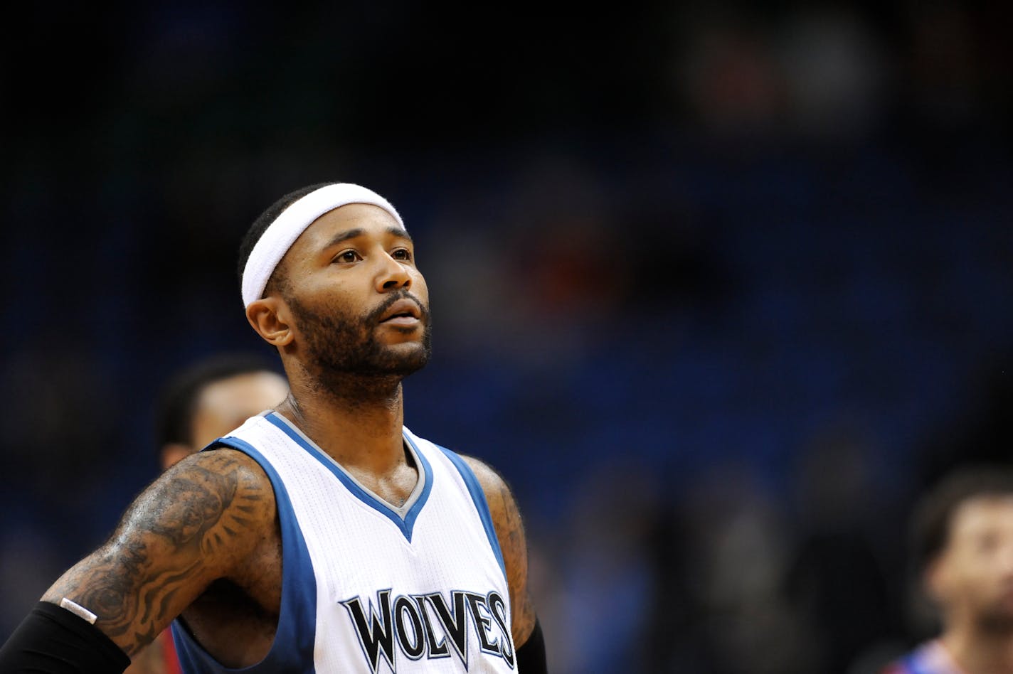 Minnesota Timberwolves guard Mo Williams (25) watches during the fourth quarter of an NBA basketball game against the Philadelphia 76ers Wednesday, Dec. 3, 2014, in Minneapolis. The 76ers won 85-77. (AP Photo/Hannah Foslien)