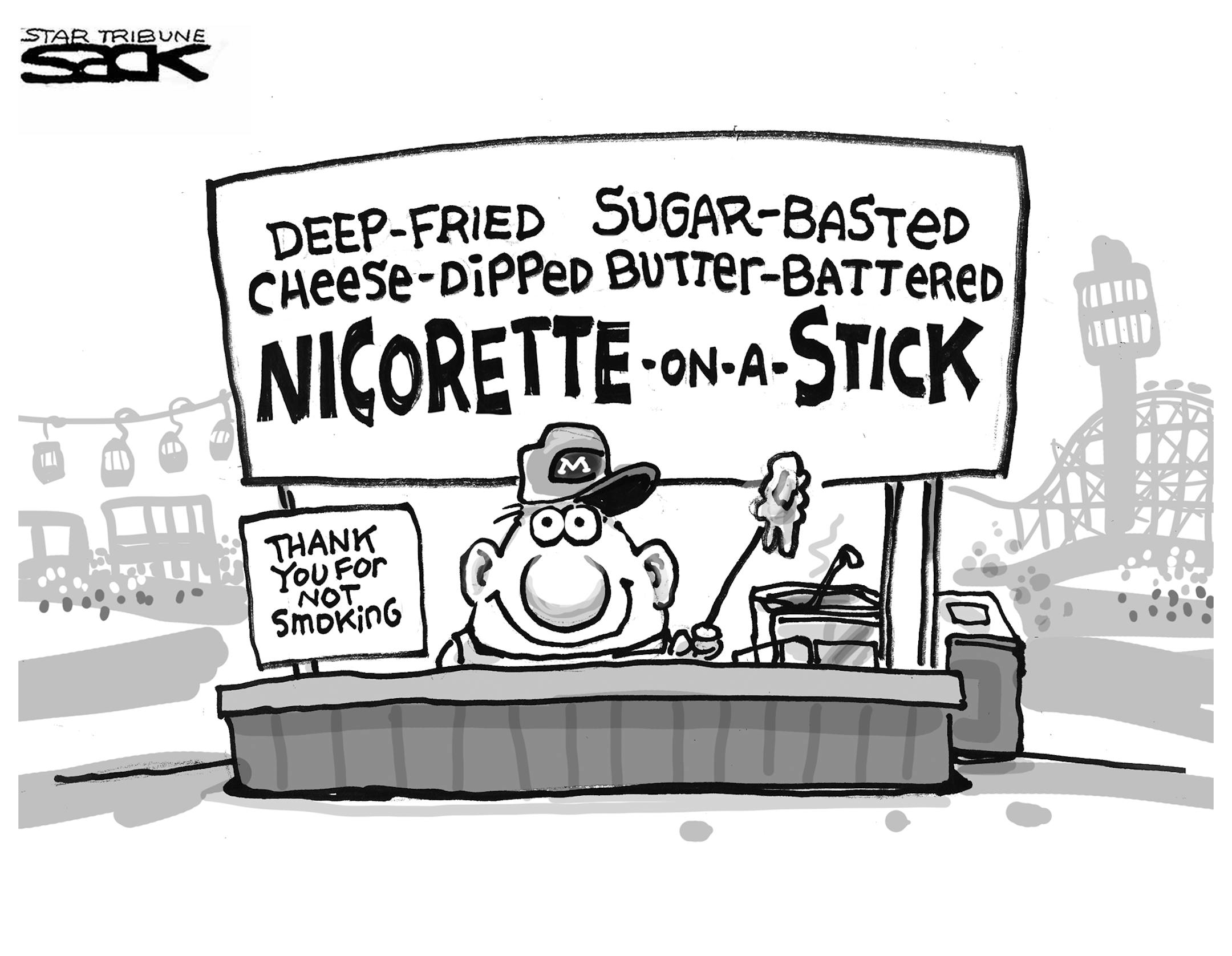 Steve Sack cartoon for Jan. 28, 2013. Topic: Cigarette smoking to be limited at State Fair.