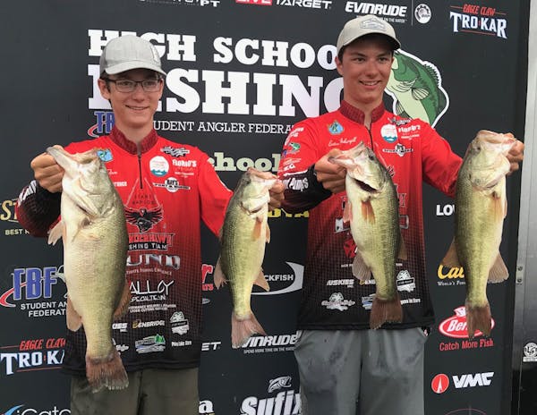 Alex Timm, left, and Easton Fothergill of Grand Rapids, Minn., with the largemouth bass that earned then national honors recently at a high school bas