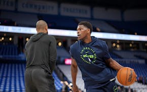 Timberwolves guard Anthony Edwards warms up before facing the Oklahoma City Thunder in Game 5 of the Western Conference finals game at Paycom center i