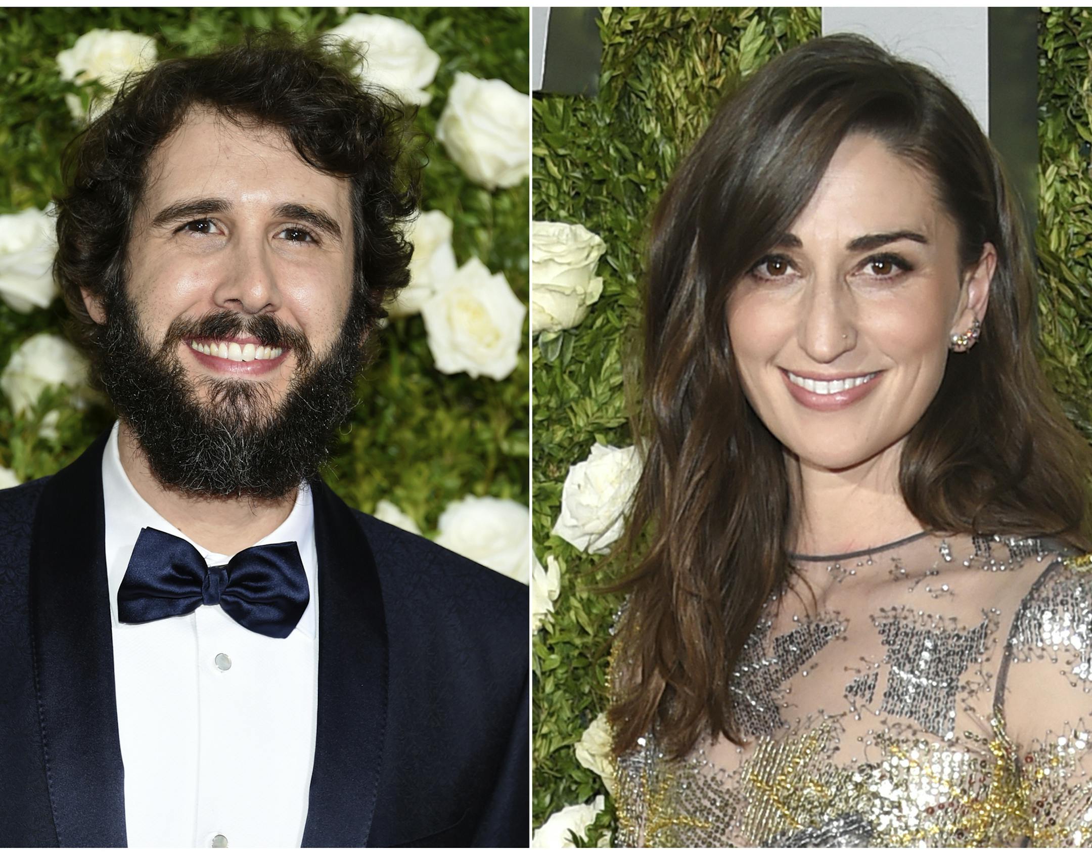 In this combination photo, Josh Groban, left, and Sara Bareilles arrive at the 71st annual Tony Awards in New York. Groban and Bareilles will host the 72nd annual Tony Awards on Sunday, June 10, 2018. (Photo by Evan Agostini/Invision/AP)