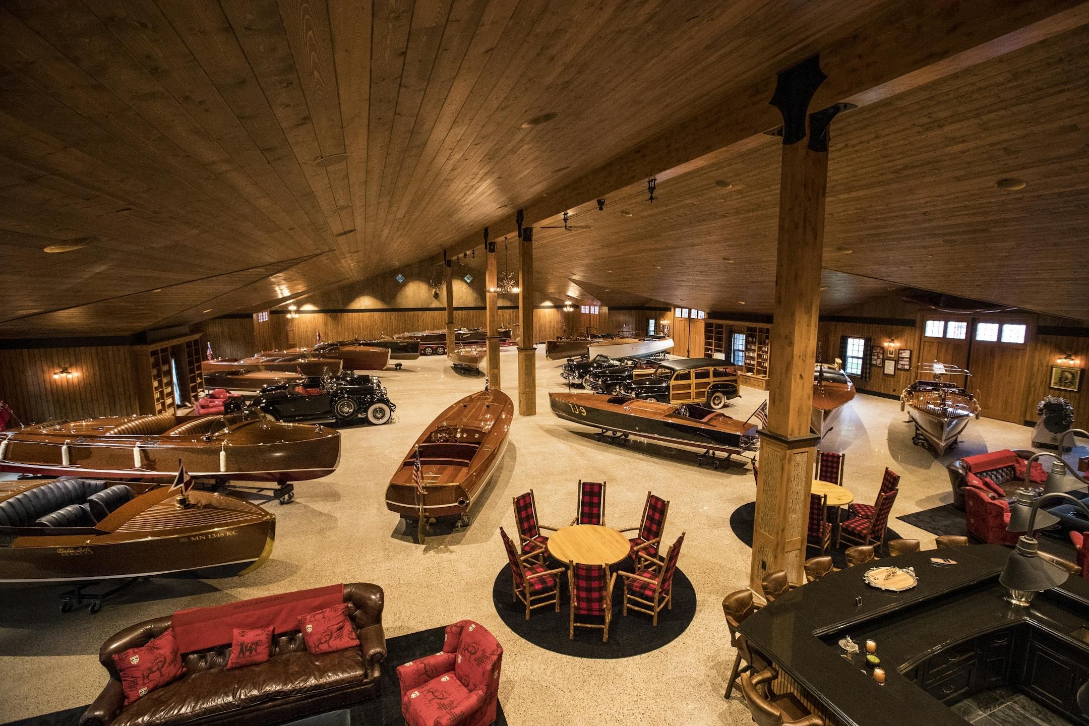 A wide view of the storage facility built for the boat and auto collection of John Allen in Lake Shore, MN.