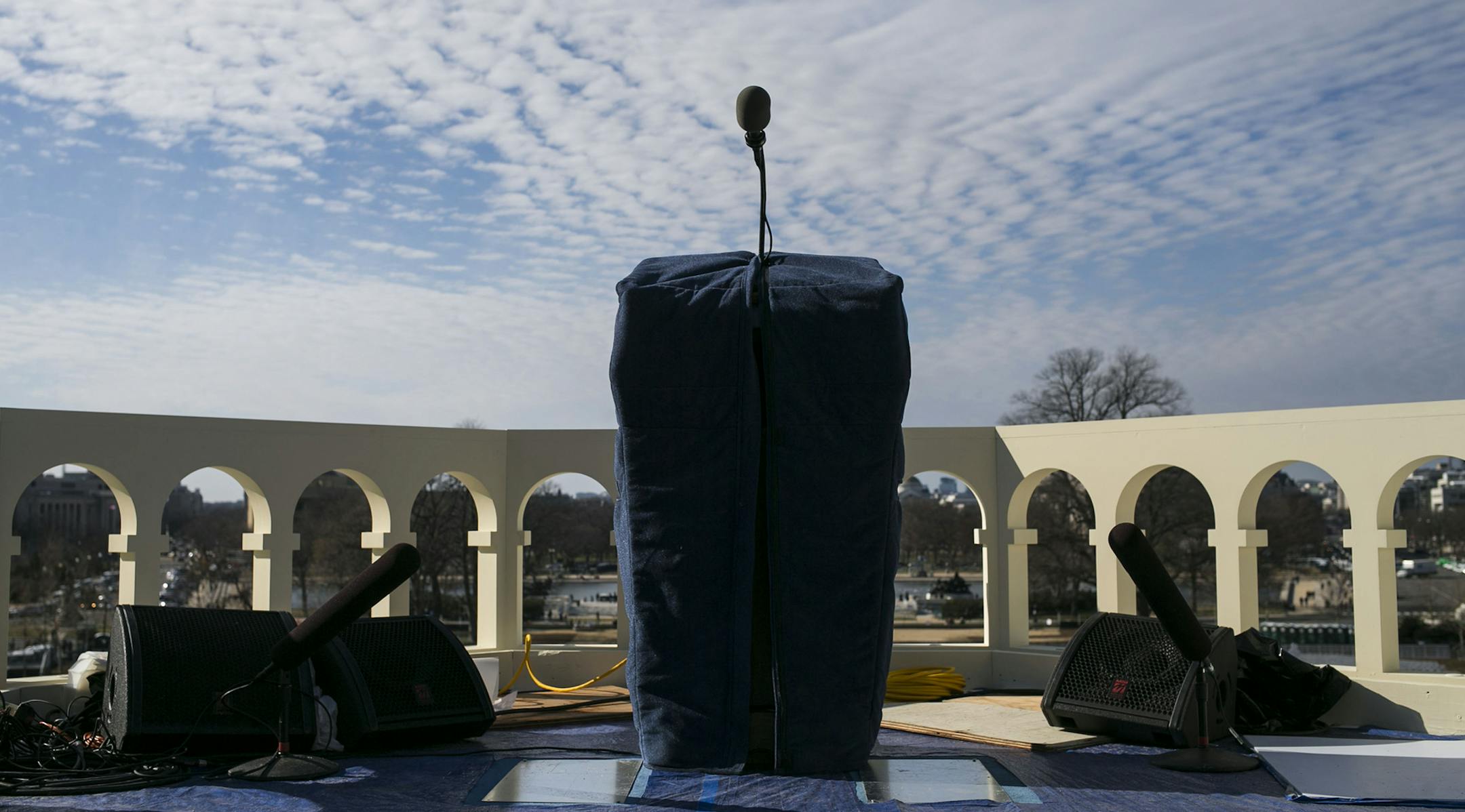 The lectern from where president-elect Donald Trump will speak during a rehearsal for the presidential inauguration outside the U.S. Capitol in Washington, Jan. 15, 2017. The inauguration is on Friday, Jan. 20, 2017. (Al Drago/The New York Times) ORG XMIT: MIN2017011712353631