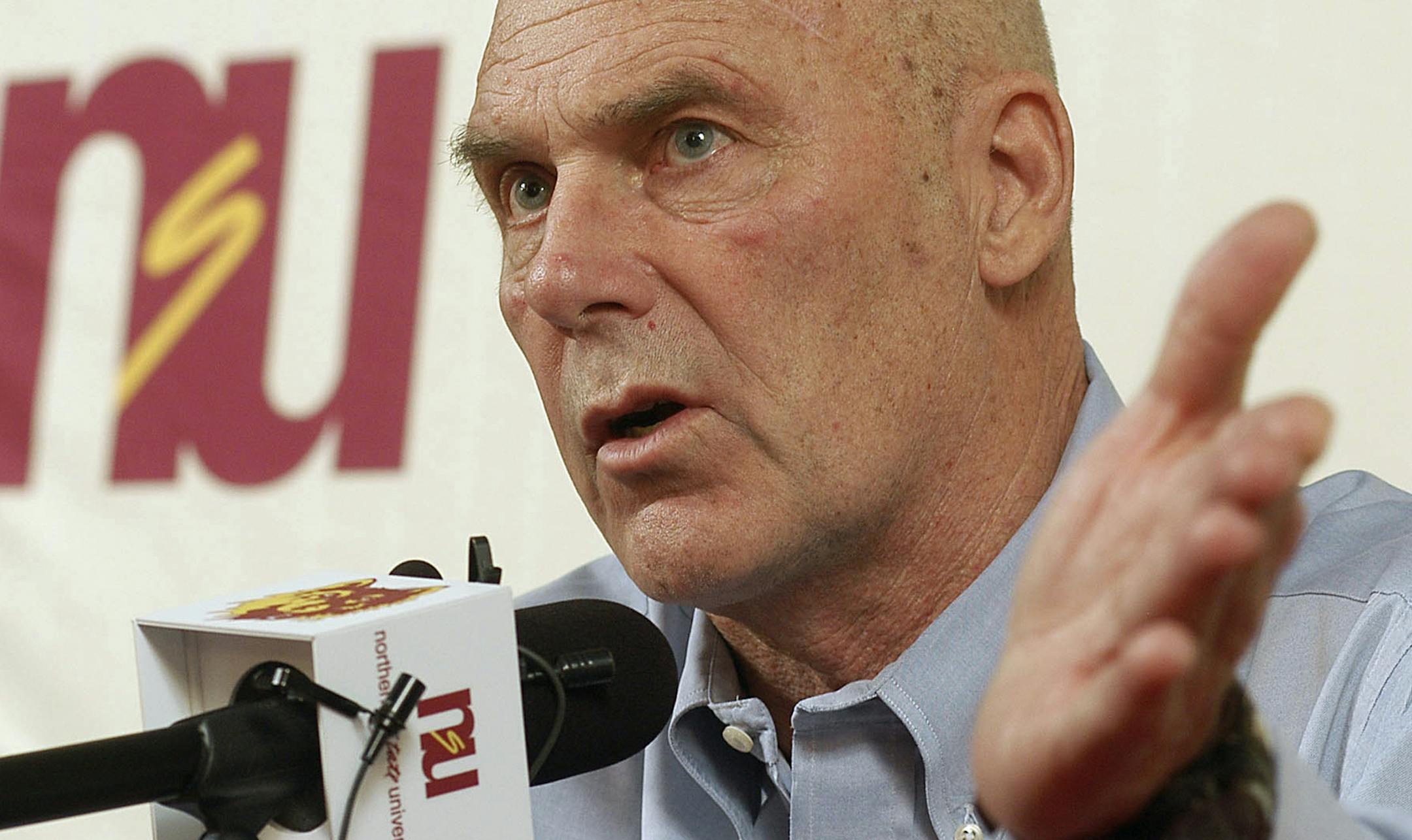 FILE - In this Feb. 27, 2010 file photo, Northern State coach Don Meyer addresses the media after an NCAA college basketball game in Aberdeen, S.D., where he announced he would be retiring. Meyer, one of the winningest coaches in college basketball who came back from a near-fatal car accident and liver cancer before closing out his career, has died in South Dakota. He was 69. (AP Photo/Doug Dreyer, File)
