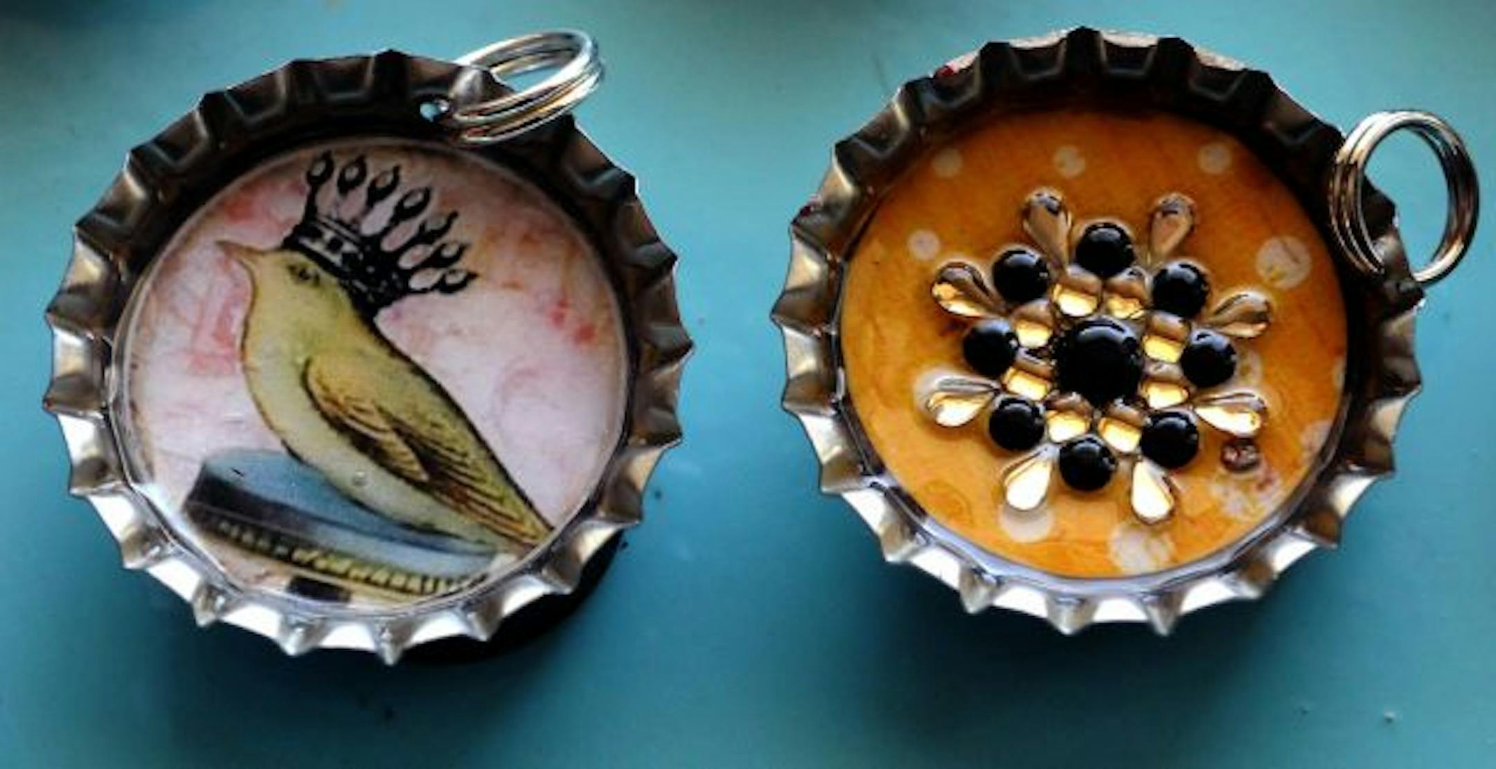 INon-copyrighted images and appliqués are glued inside the caps.