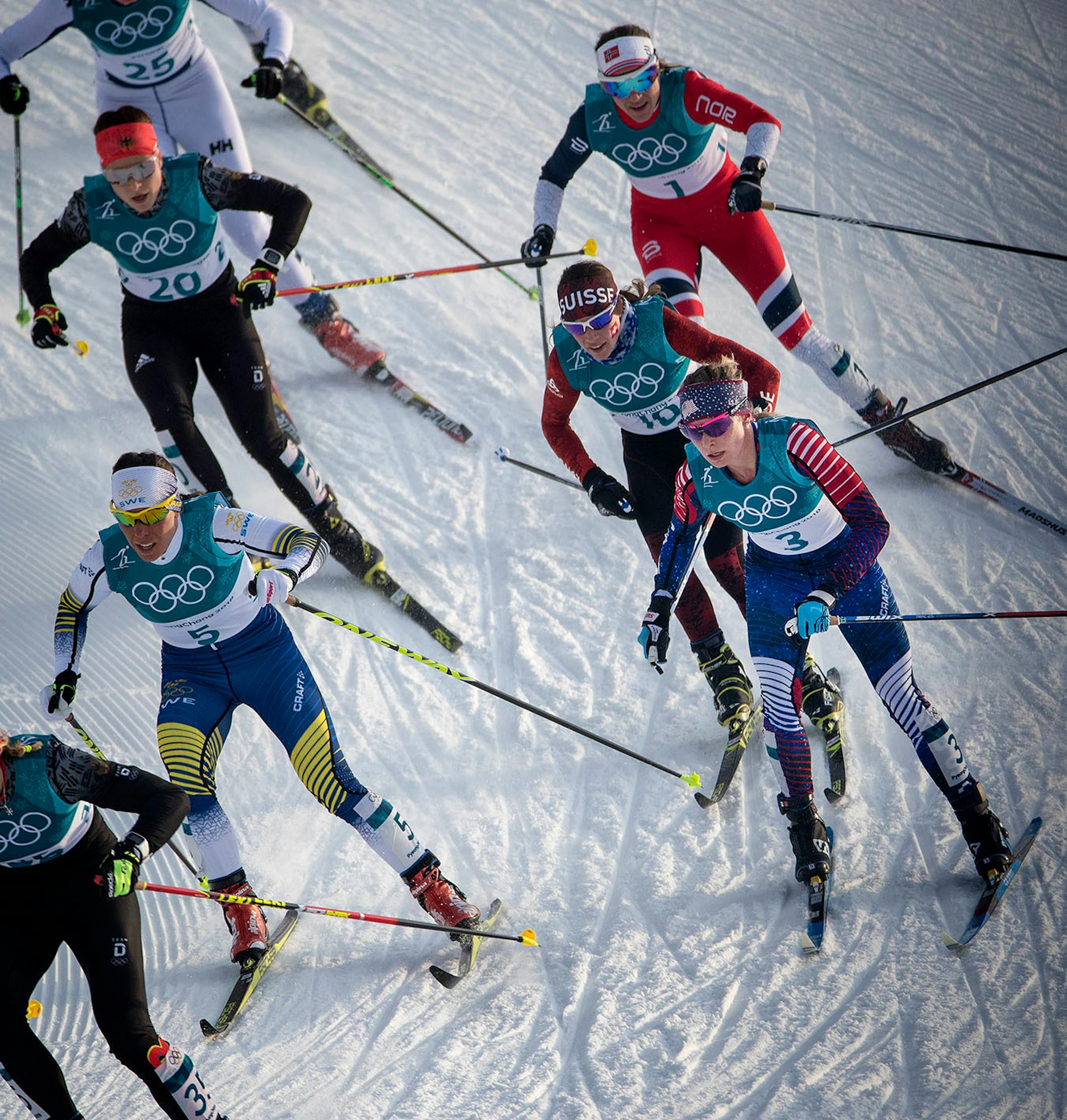 Jessie Diggins (3) from Afton, Minnesota during the women's 7.5km + 7.5km Skiathlon at Alpensia Cross-Country Skiing Centre. Diggins placed fifth in the women's cross-country skiathlon event. Diggins was 10th at the halfway transition, 5.4 seconds off the pace. She was able to take 3.3 seconds off that lead by the halfway point of the second leg, but a grueling pace set by Sweden's Charlotte Kalla over the last three kilometers left the field fighting for silver.