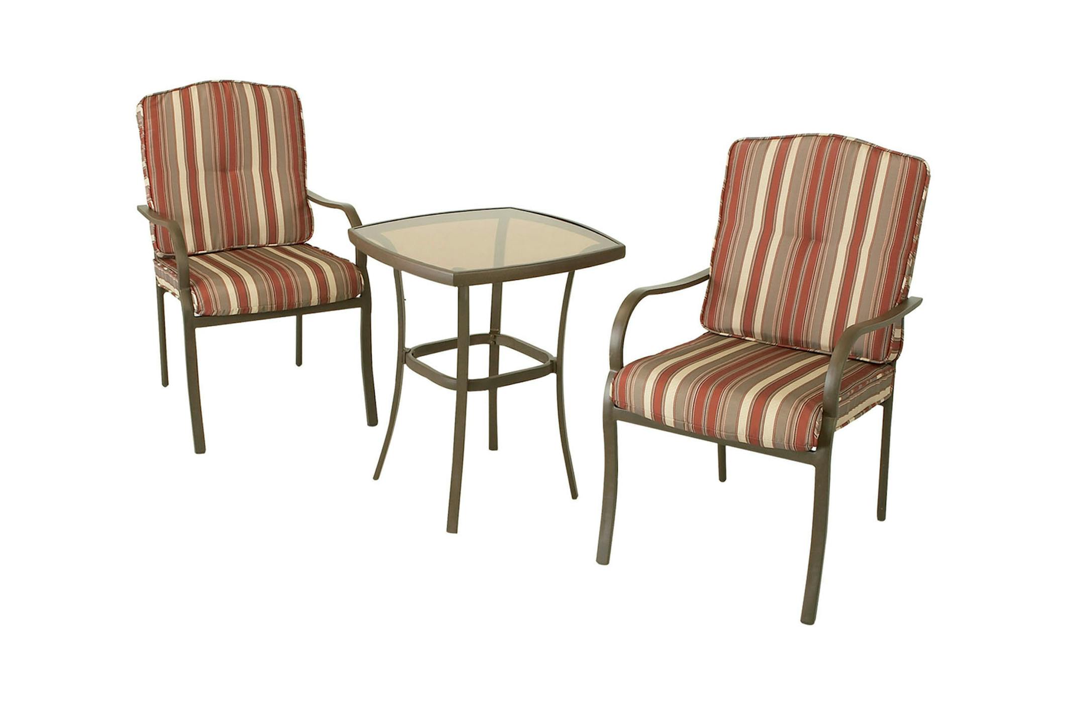 Three piece Bistro Set with cushioned chairs on sale at Home Depot Includes two bistro chairs with seat and back cushions and 22" bistro table with tempered glass, $69.98