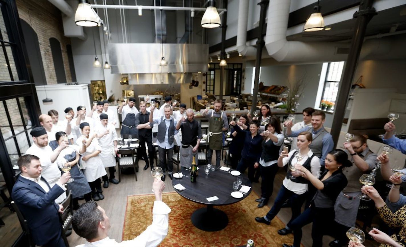 Chef and owner of Spoon and Stable Gavin Kaysen toasted the staff on the day the restaurant was nominated for Best New Restaurant by The James Beard Foundation. It's the first time a Minnesota restaurant has been nominated in the national category.