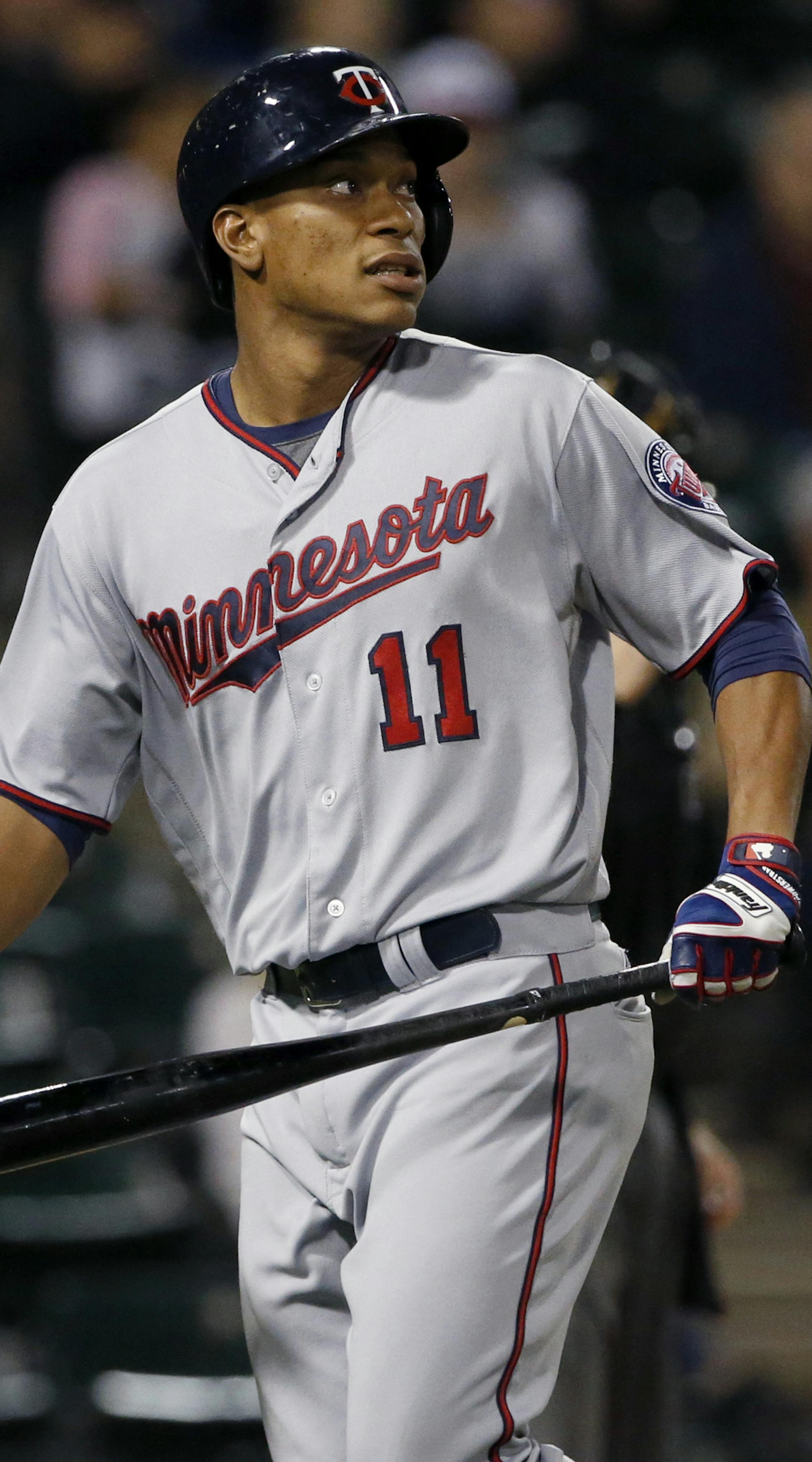 Minnesota Twins' Jorge Polanco looks to Chicago White Sox starter Carlos Rodon after striking out swinging during the first inning of a baseball game Friday, Sept. 30, 2016, in Chicago. (AP Photo/Nam Y. Huh)