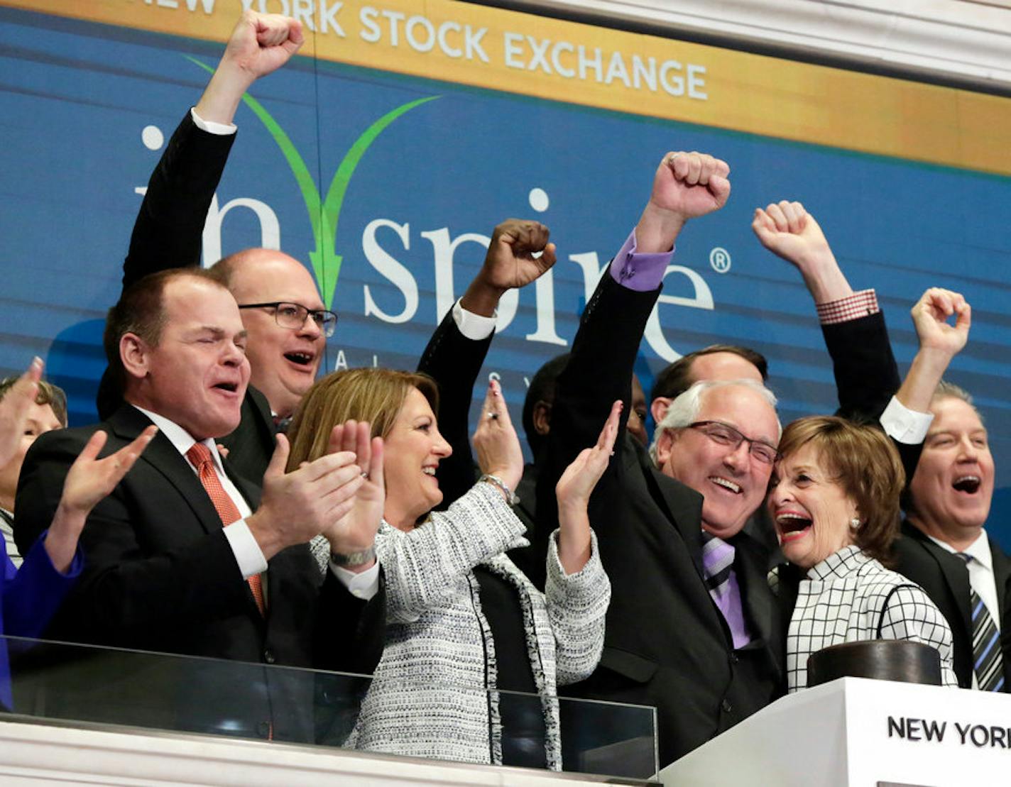 Inspire Medical Systems Chairwoman Marilyn Nelson, right, and CEO Tim Herbert, second from right, at the New York Stock Exchange in 2018. Photo: AP