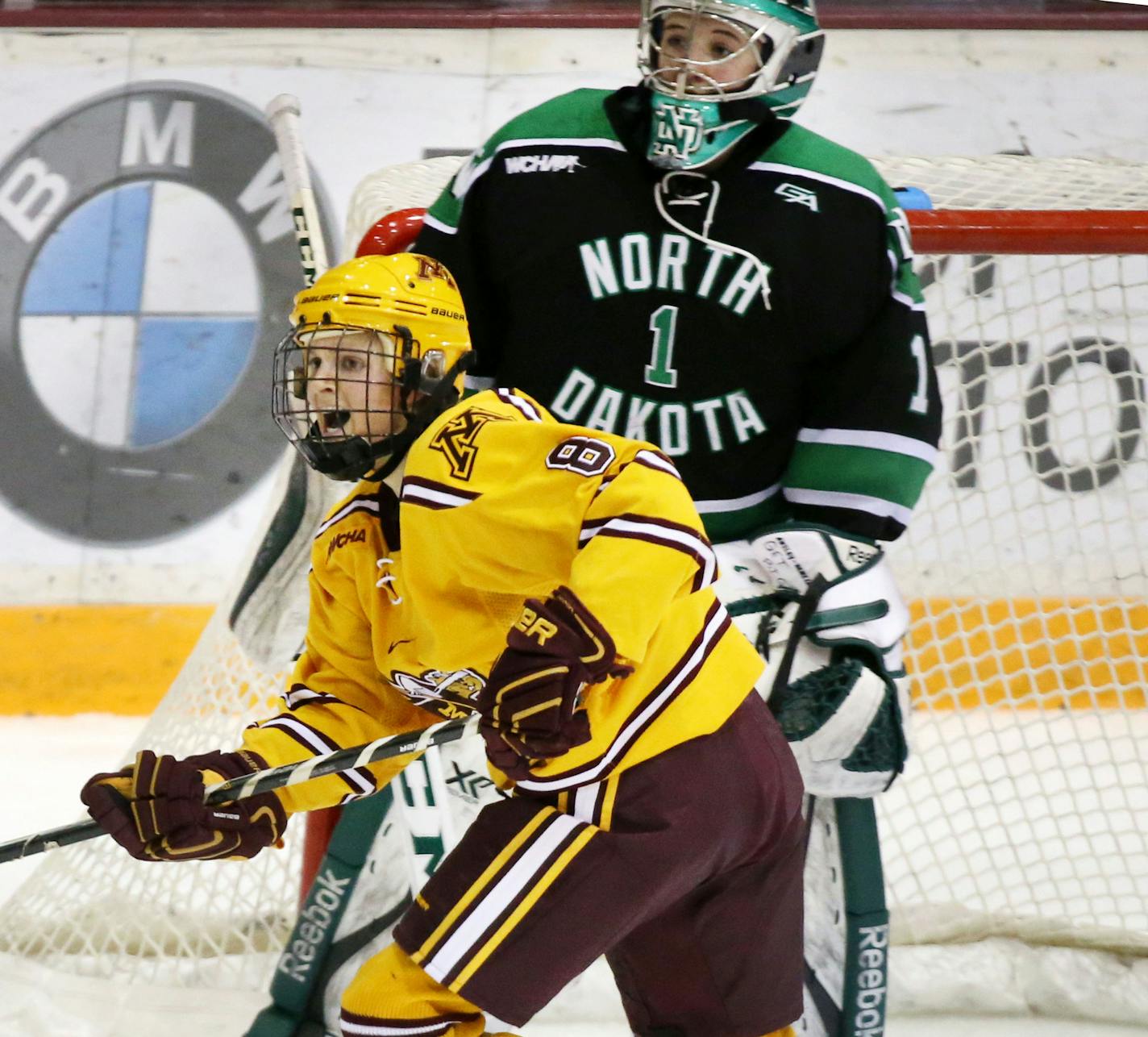 The University of Minnesota's Amanda Kessel looks for a pass as North Dakota goalie Shelby Amsley-Benzie looks on during the third period of the Gophers 3-0 win over the University of North Dakota Friday, Feb. 5, 2016, at Ridder Arena on the campus of the University of Minnesota in Minneapolis, MN.](DAVID JOLES/STARTRIBUNE)djoles@startribune.com Amanda Kessel, former Olympian and two-time All-America, made her comeback to college hockey with the the University of Minnesota against the University