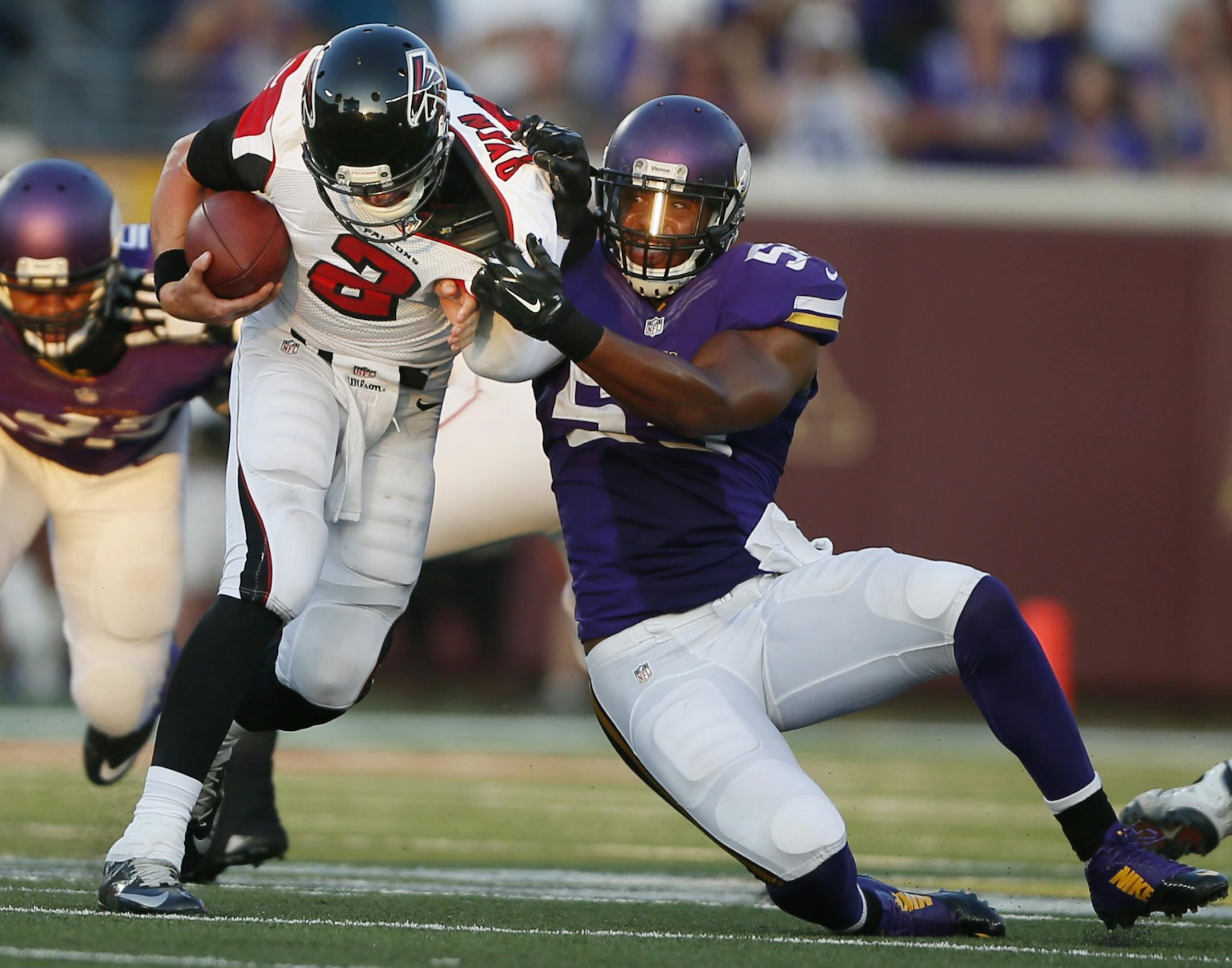 Minnesota Vikings outside linebacker Anthony Barr (55) sacked Atlanta Falcons quarterback Matt Ryan (2) last season.