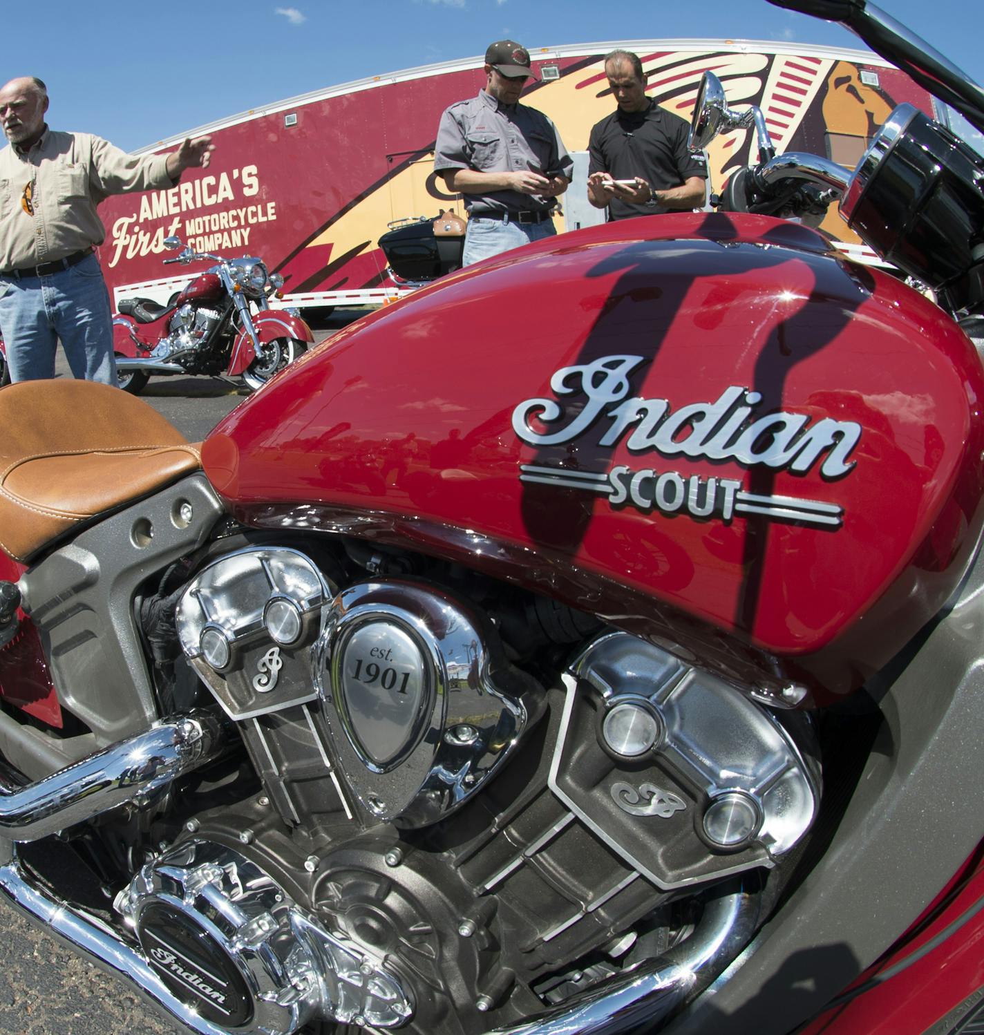 A group of motorcycle fans and potential buyers looked over a batch of Indian motorcycles. ] Indian Motorcycles of the Twin Cities is the 1st dealer in the country to give demonstration rides (todya) on Polaris's new Indian Scout. Rides will be done by 300 Minnesotans all day today. new bike was a hit decades ago, and went away after a bankruptcy. Now it's back. 756823 Indian 20035800A (DAVID BREWSTER/STAR TRIBUNE)