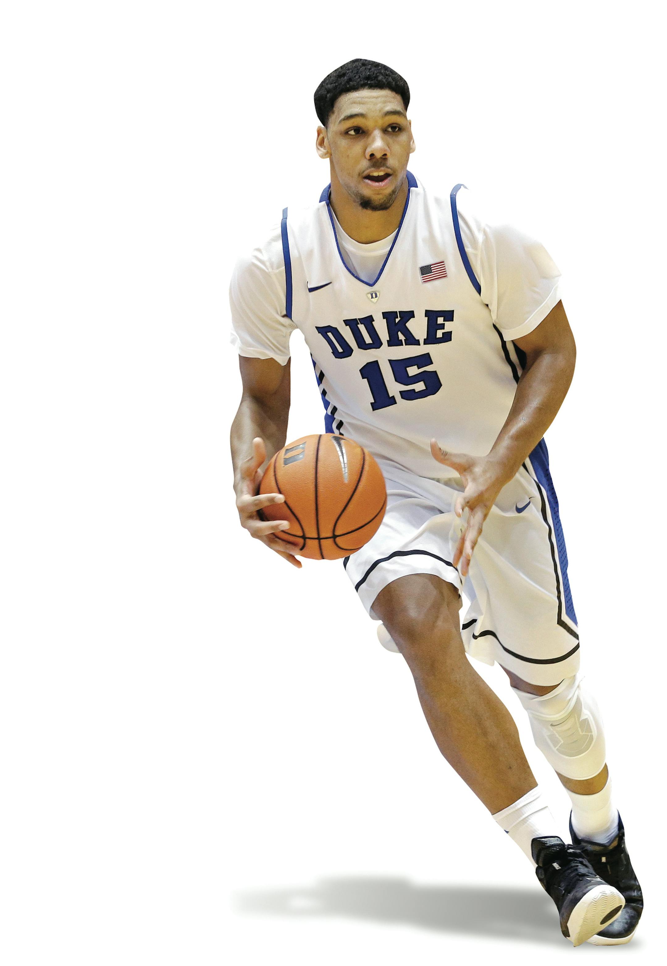 Duke's Jahlil Okafor (15) dribbles the ball during the second half of an NCAA college basketball game against Army in Durham, N.C., Sunday, Nov. 30, 2014. Duke won 93-73. (AP Photo/Gerry Broome) ORG XMIT: otkgb106.JPG ORG XMIT: MIN1503152017444248