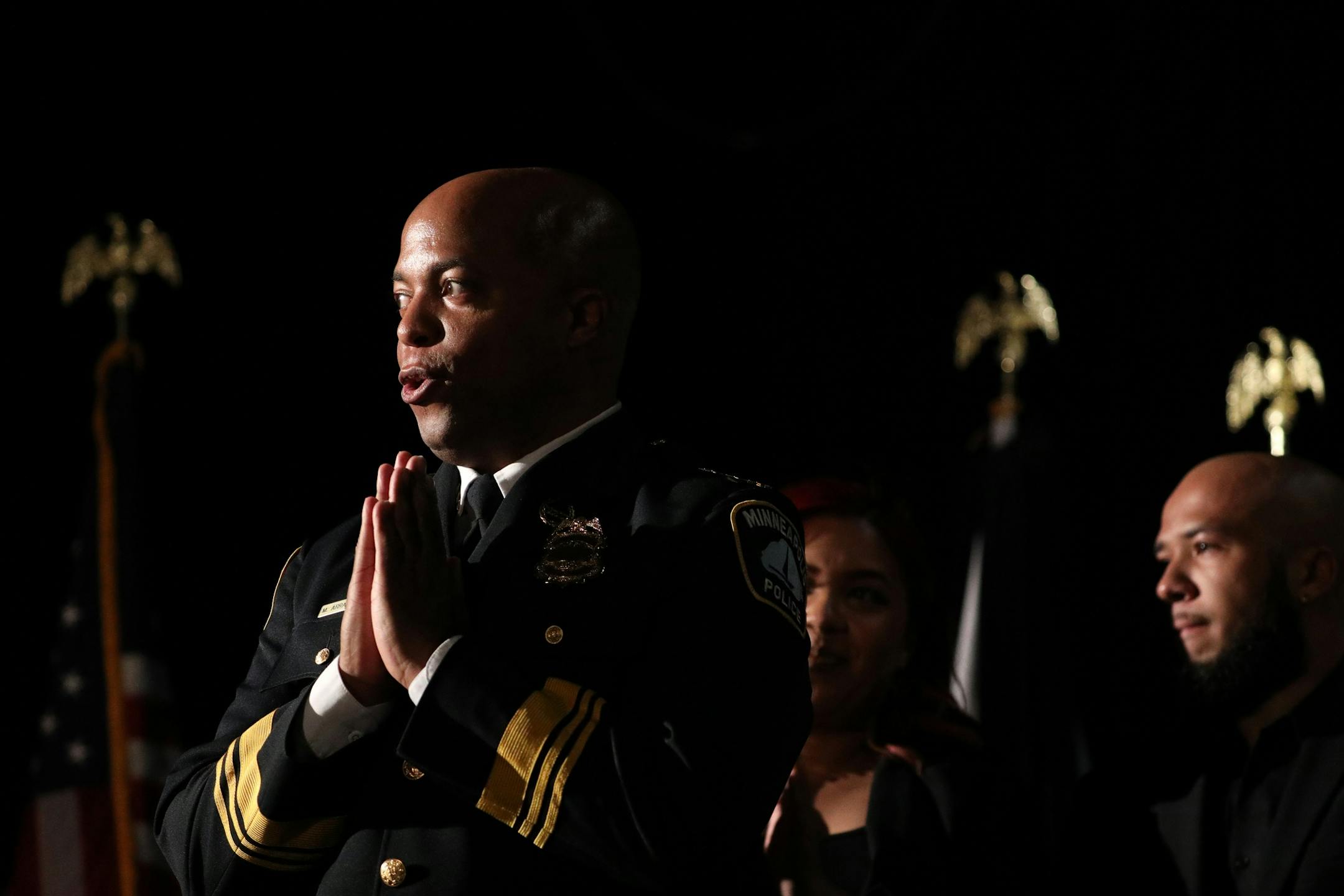 Newly appointed Minneapolis Police Chief Medaria Arradondo thanked the crowd after taking the oath of office during a public swearing-in ceremony Friday.