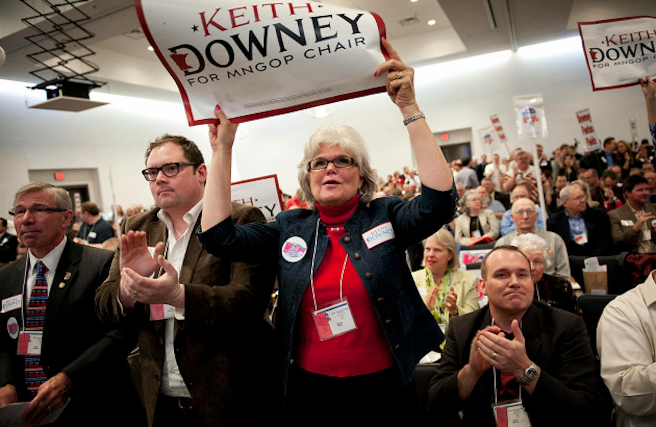 Supporters of Keith Downey cheered for him as he took the stage after being elected party chair.    Saturday, April 6, 2013  ]   GLEN STUBBE * gstubbe@startribune.com