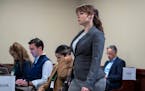 Hannah Gutierrez-Reed walks into court for the first day of testimony in her trial in Santa Fe, N.M., Thursday, Feb. 22, 2024.