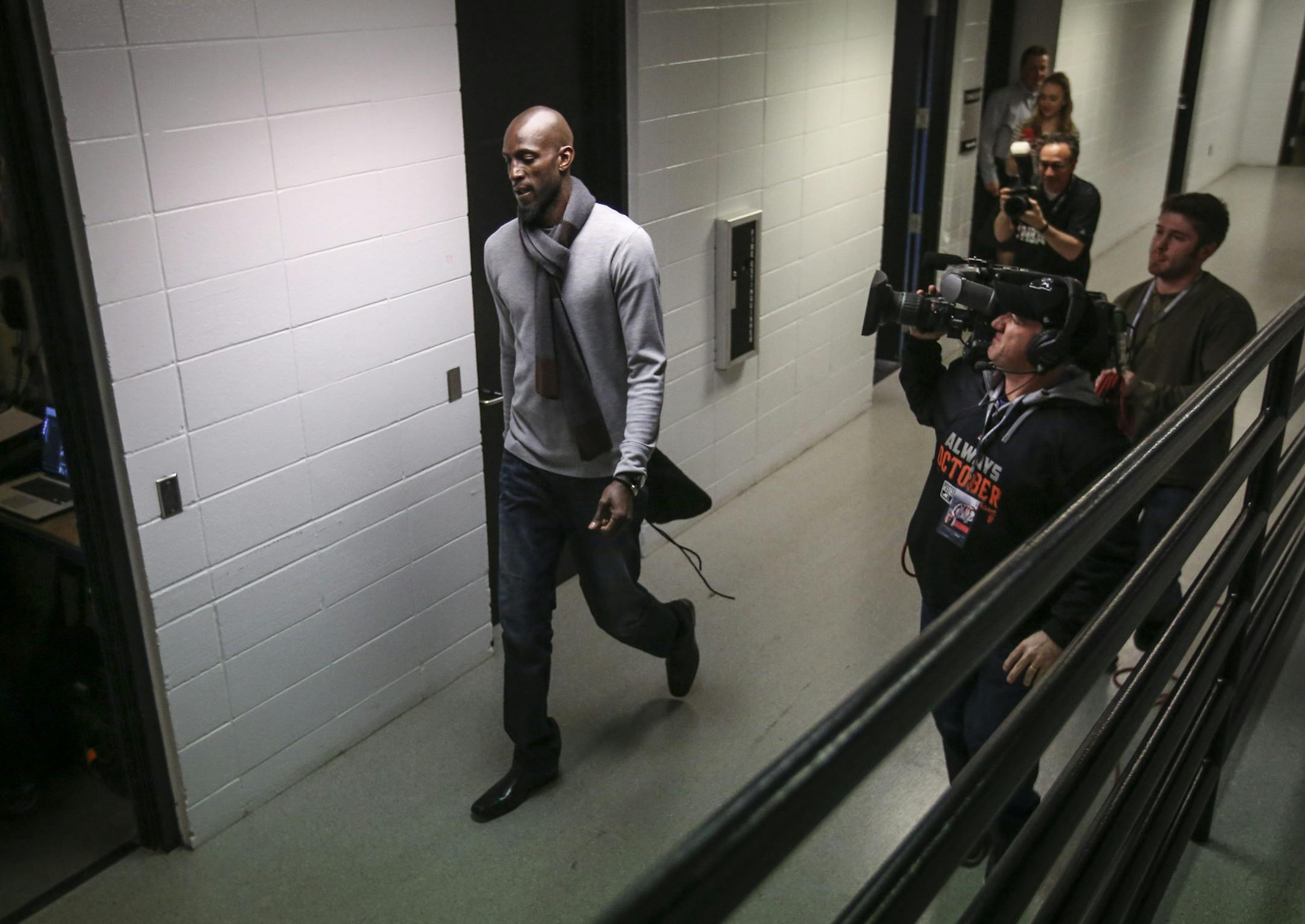 Kevin Garnett arrived at the Target Center before his first game back with the Timberwolves on Wednesday, February 25, 2015 in Minneapolis, Minn. ] RENEE JONES SCHNEIDER • reneejones@startribune.com