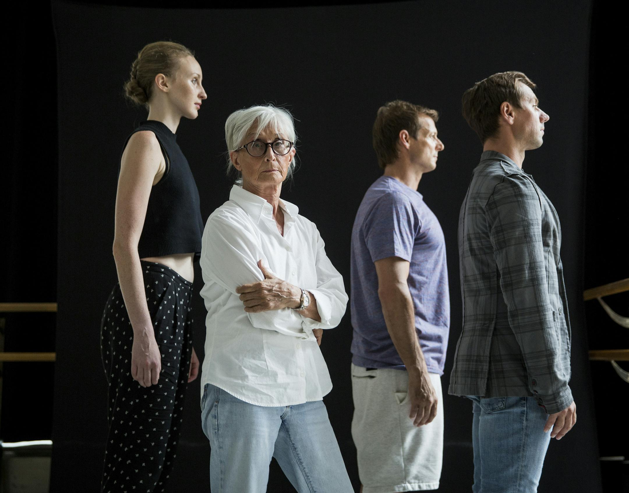 -- PHOTO MOVED IN ADVANCE AND NOT FOR USE - ONLINE OR IN PRINT - BEFORE JULY 10, 2016. -- From left: Kaitlyn Gilliland, Twyla Tharp, John Selya, and Matthew Dibble at Dany Studios in New York, June 28, 2016. Tharp, who celebrated a 50th anniversary season last fall, is reflecting, somewhat, with the fellow dancers and the new piece ìTwyla Tharp and Three Dances.î(Damon Winter/The New York Times)