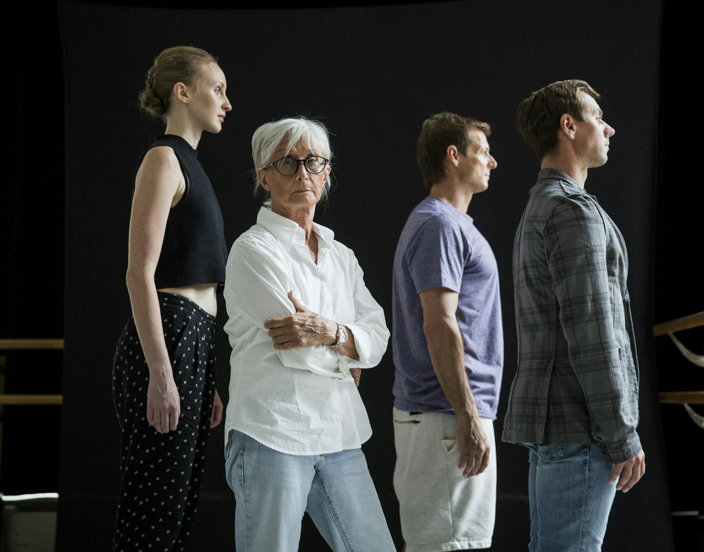 -- PHOTO MOVED IN ADVANCE AND NOT FOR USE - ONLINE OR IN PRINT - BEFORE JULY 10, 2016. -- From left: Kaitlyn Gilliland, Twyla Tharp, John Selya, and Matthew Dibble at Dany Studios in New York, June 28, 2016. Tharp, who celebrated a 50th anniversary season last fall, is reflecting, somewhat, with the fellow dancers and the new piece &#xec;Twyla Tharp and Three Dances.&#xee;(Damon Winter/The New York Times)