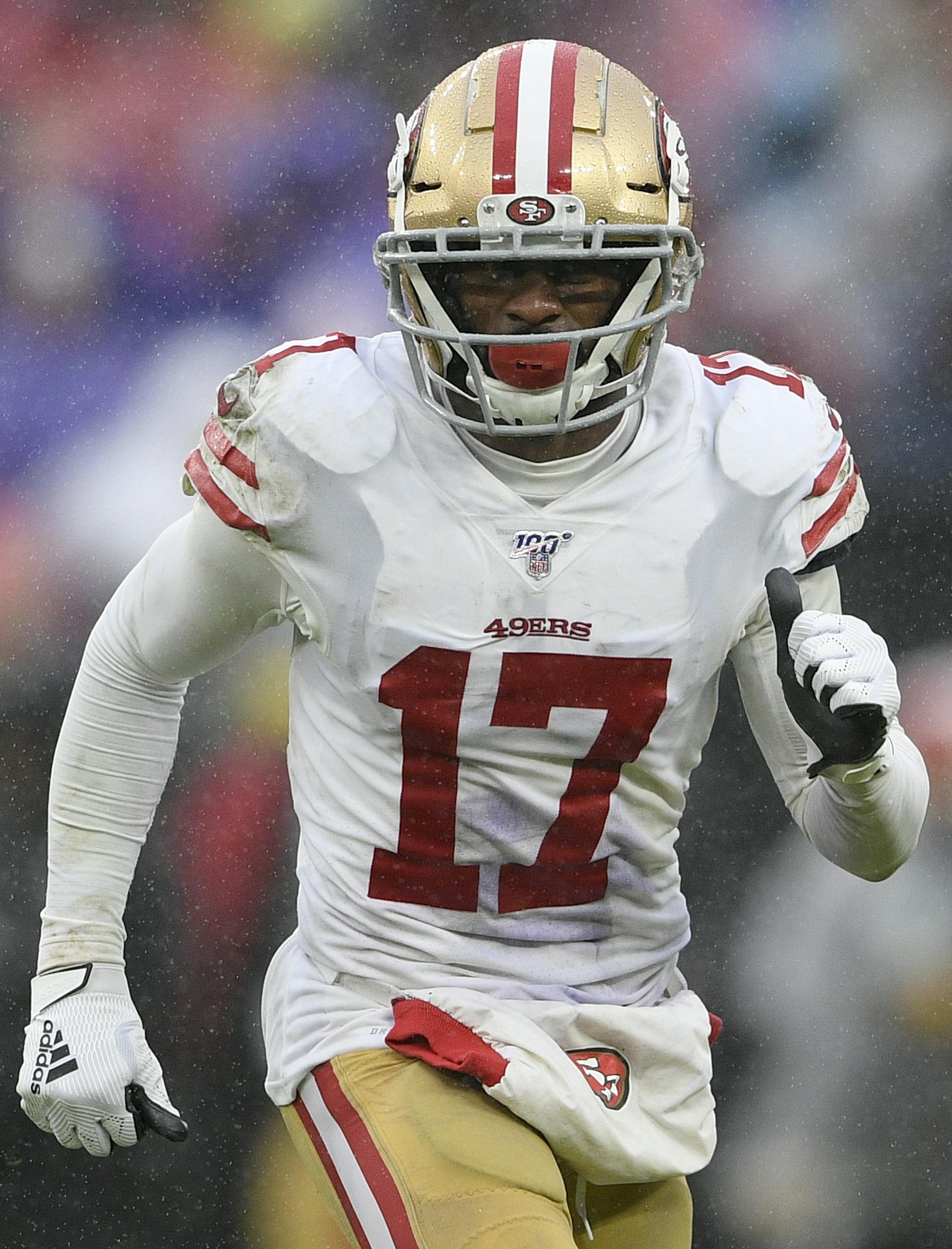 San Francisco 49ers wide receiver Emmanuel Sanders (17) in the second half of an NFL football game against the Baltimore Ravens, Sunday, Dec. 1, 2019, in Baltimore, Md. (AP Photo/Nick Wass) ORG XMIT: BAF