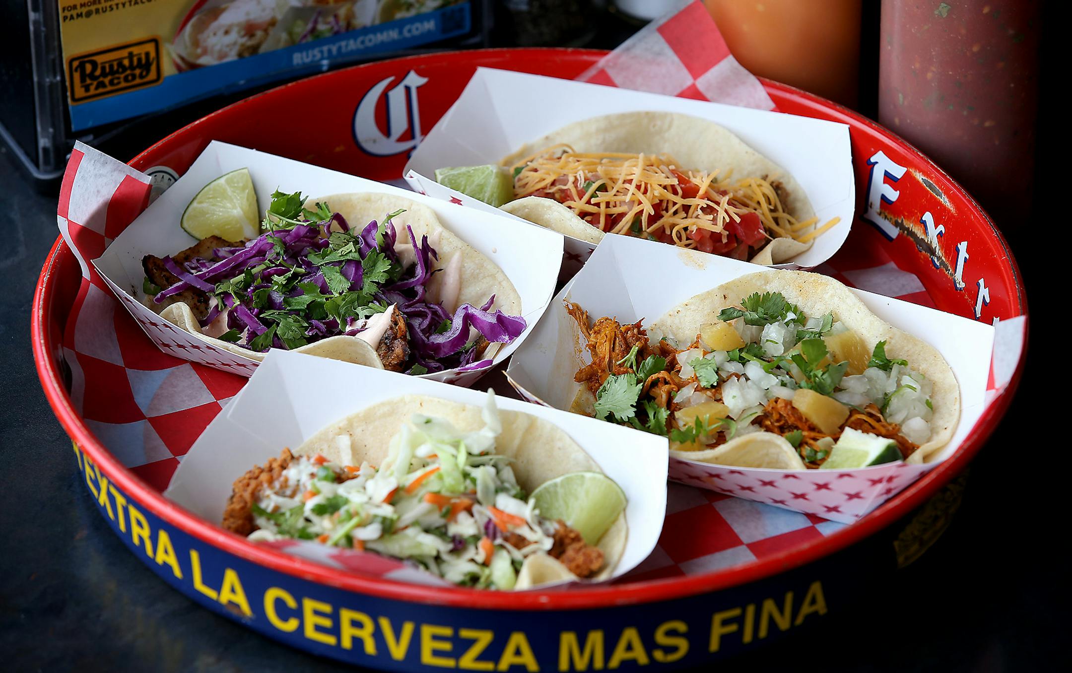 A variety of tacos at Rusty Taco, Monday, August 25, 2014 in Minneapolis, MN. ] (ELIZABETH FLORES/STAR TRIBUNE) ELIZABETH FLORES &#x2022; eflores@startribune.com