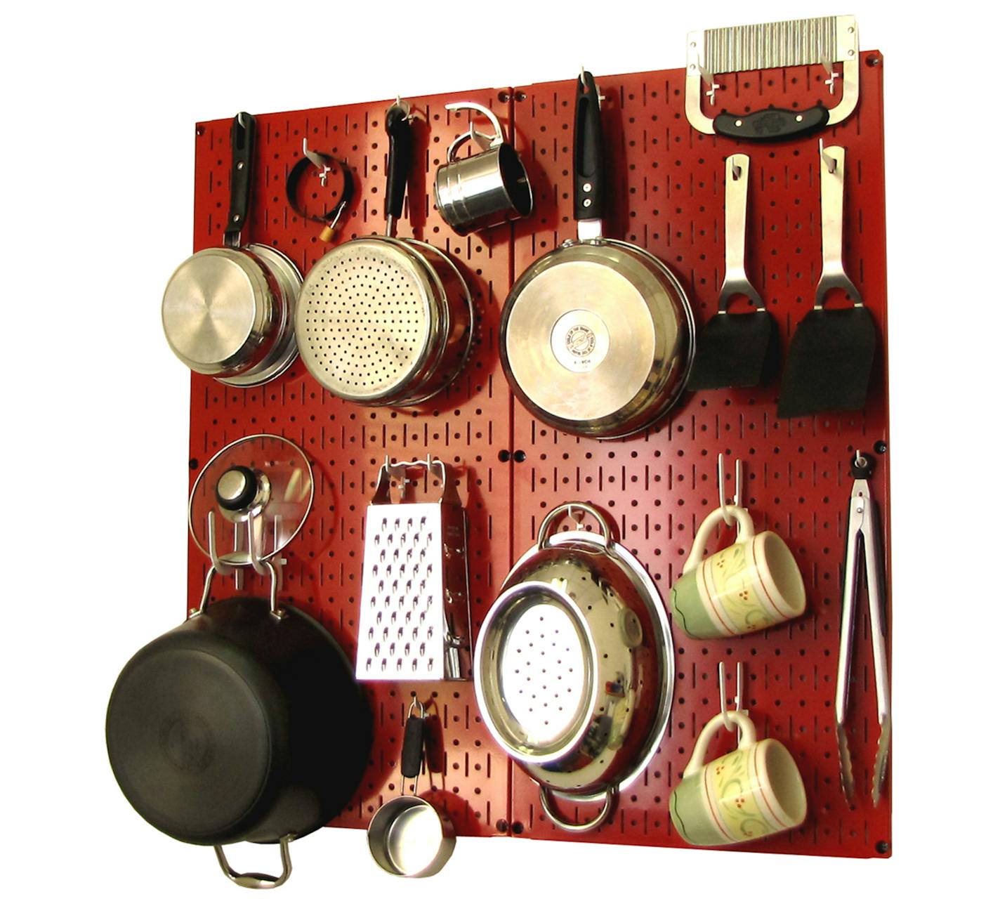 Wall Control offers a modular, metal pegboard system made to hold everything from small kitchen tools to beefy pots and pans. Offered in a few bright colors, as well as galvanized silver, the metal pegboards are sturdier than classic pegboard (wallcontrol.com). (Wall Control)