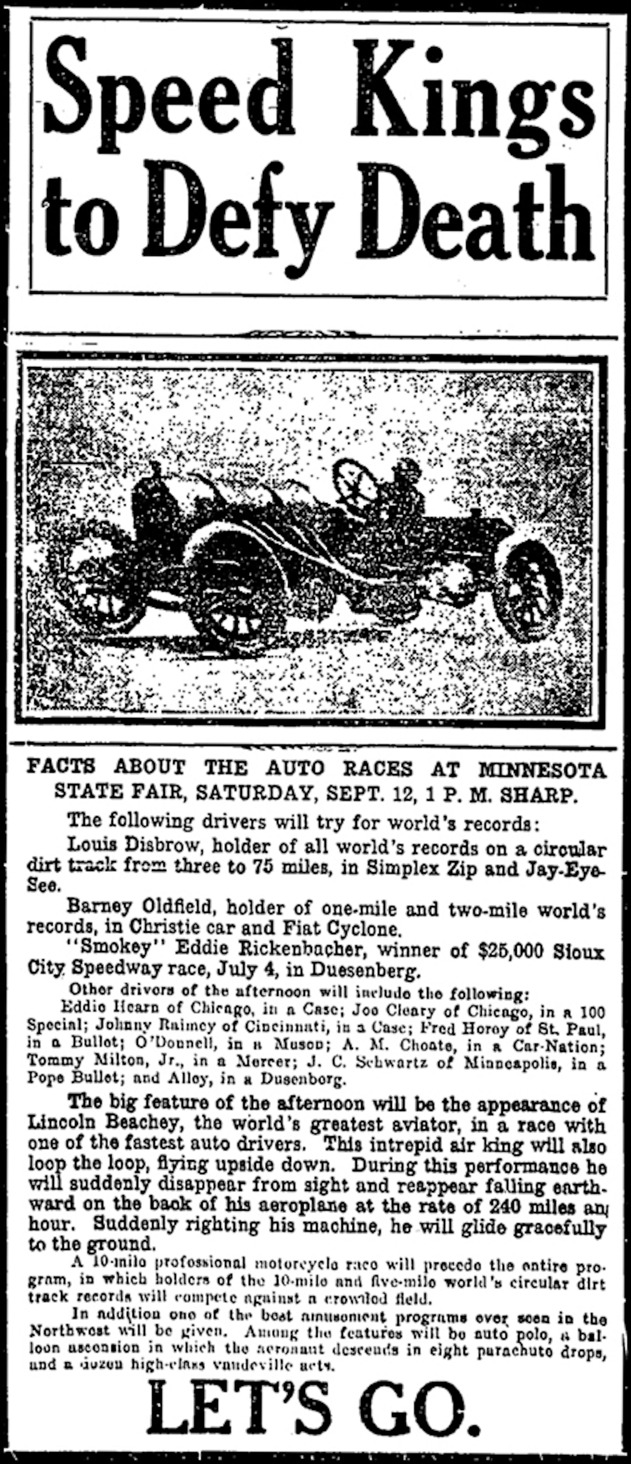 Speed kings ad, Minneapolis Tribune, September 1914