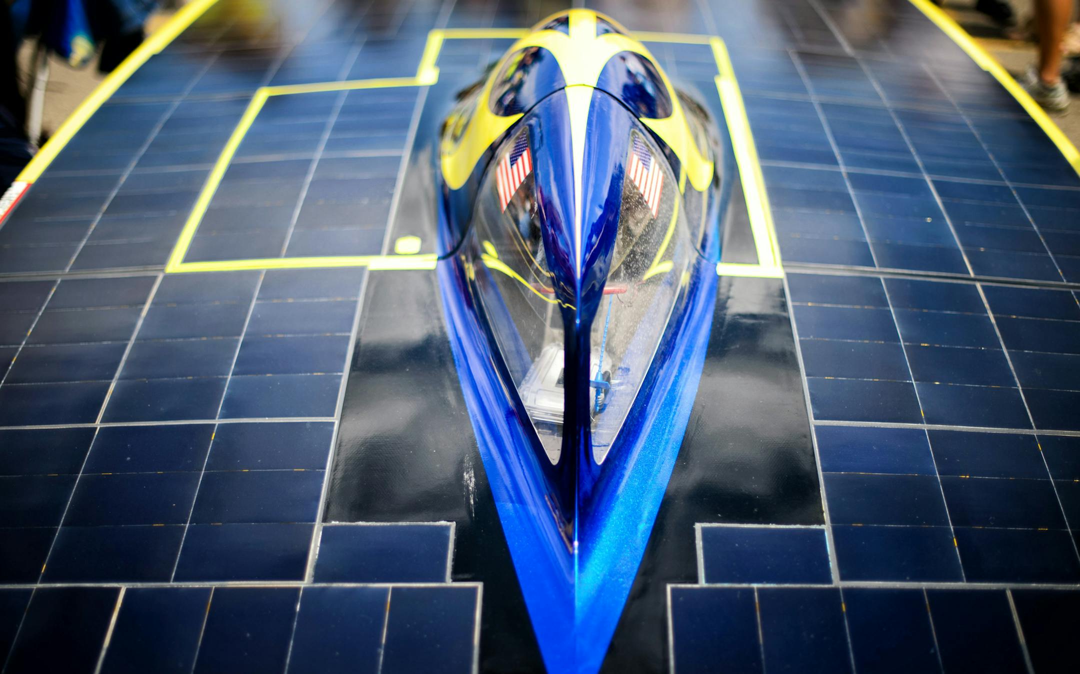 The cockpit of the University of Michigan car. The American Solar Challenge, a solar car race, ended at the finish line at the University of Minnesota East Bank campus. First solar cars Michigan was the first to arrive with the U of Minnesota arriving second. Monday, July 28, 2014. ] GLEN STUBBE * gstubbe@startribune.com