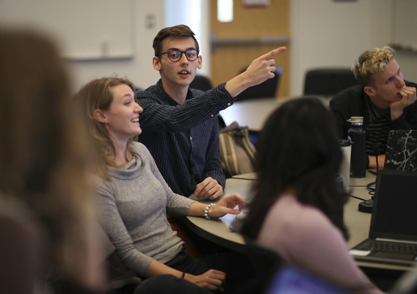 CLAgency leadership brainstormed how best to structure an upcoming breakfast gathering with industry professionals at a meeting Monday afternoon. Among those at the meeting were, from left, Laura Beier, Jacob Van Blarcom, Hindu Koppula, and Cole Sterr. ] JEFF WHEELER &#xef; jeff.wheeler@startribune.com In the University of Minnesota's College of Liberal Arts (CLA) students use an independent lab to stage their own creative ad agency complete with pitches, design mockups and paying clients. The C