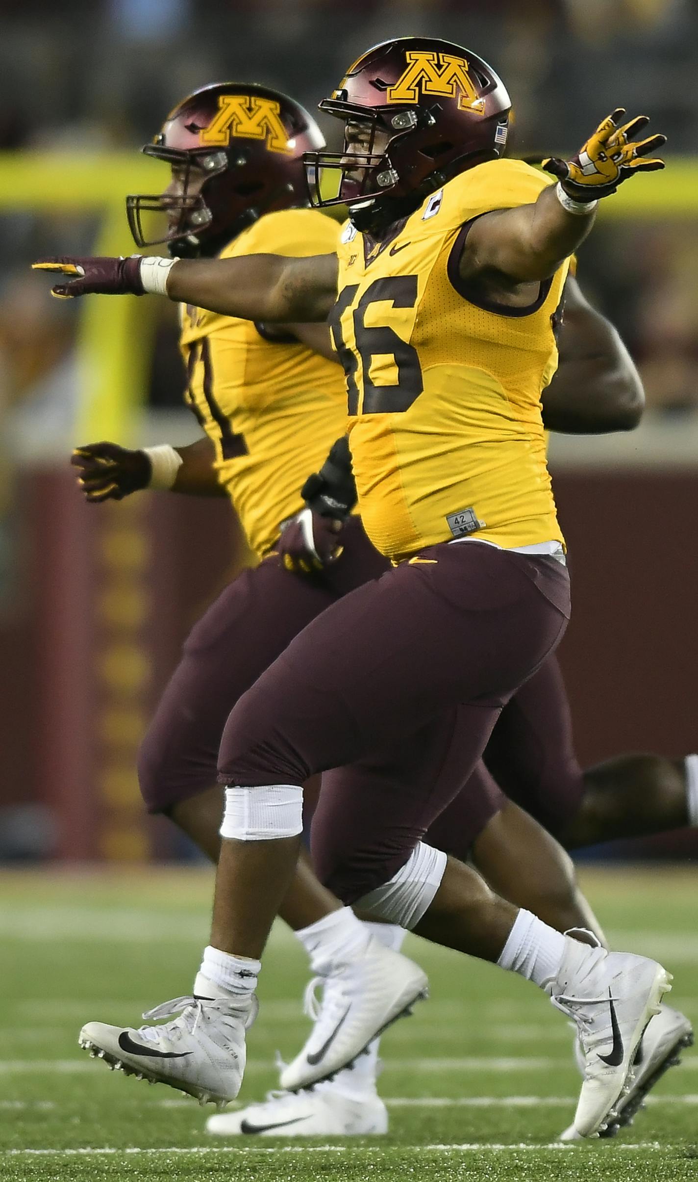 Minnesota Gophers defensive lineman Winston DeLattiboudere (46) celebrated after he scooped up a South Dakota State fumble in the fourth quarter, leading to a turnover and the touchdown that would win the game for Minnesota. ] Aaron Lavinsky &#x2022; aaron.lavinsky@startribune.com The Minnesota Gophers played South Dakota State Jackrabbits on Thursday, Aug. 29, 2019 at TCF Bank Stadium in Minneapolis, Minn.