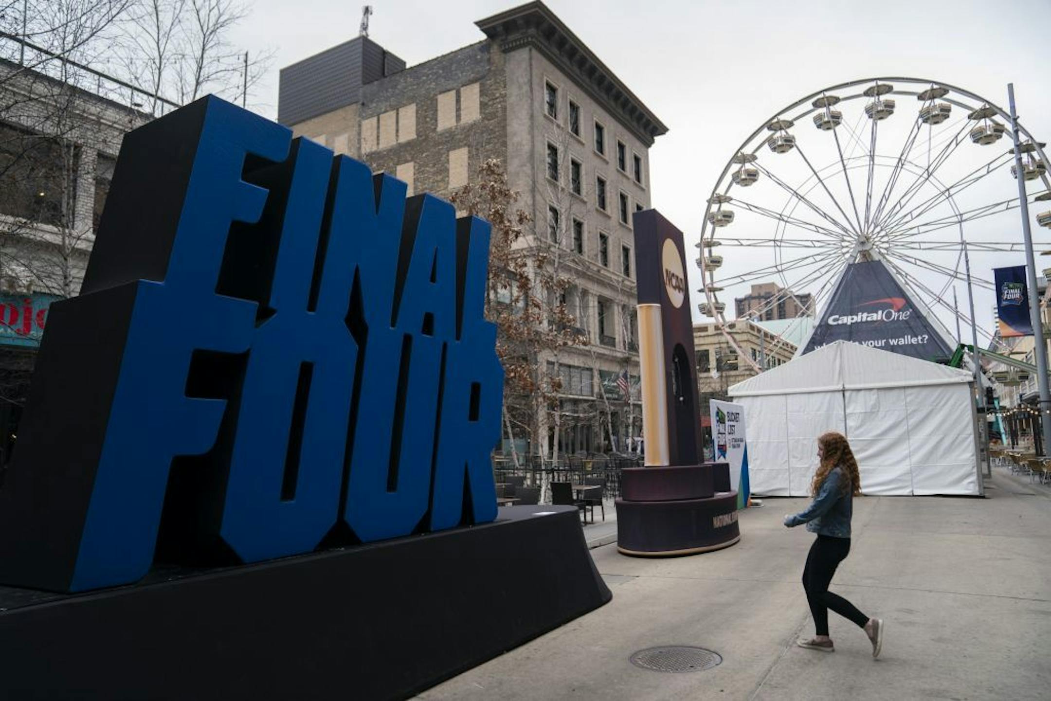 Set up on Nicollet Mall for the Final Four weekend were ongoing in Minneapolis, Minn., on Thursday, April 4, 2019.