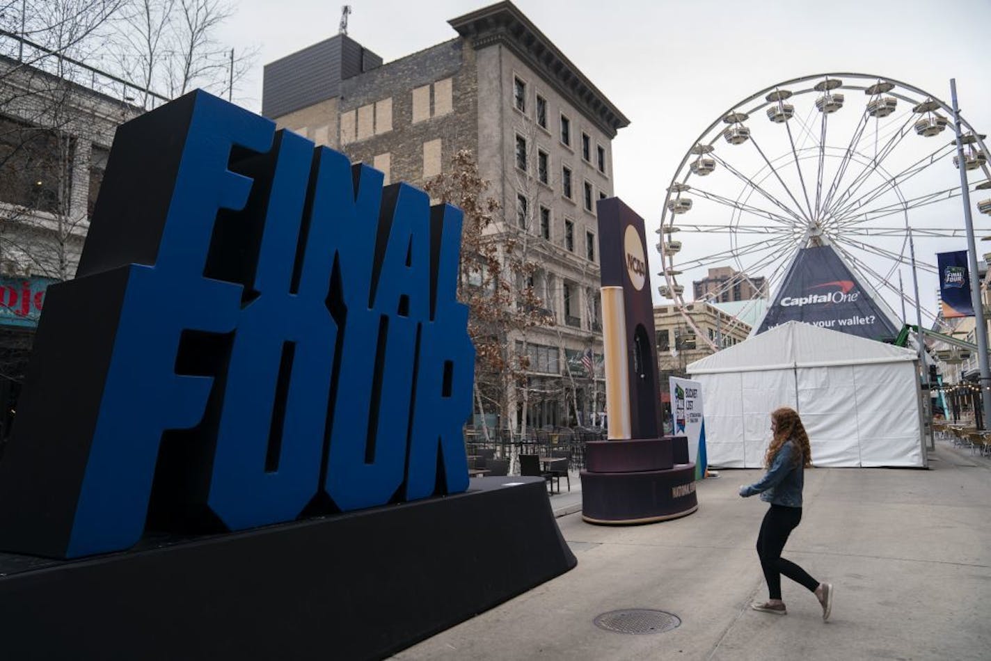 Set up on Nicollet Mall for the Final Four weekend were ongoing in Minneapolis, Minn., on Thursday, April 4, 2019.