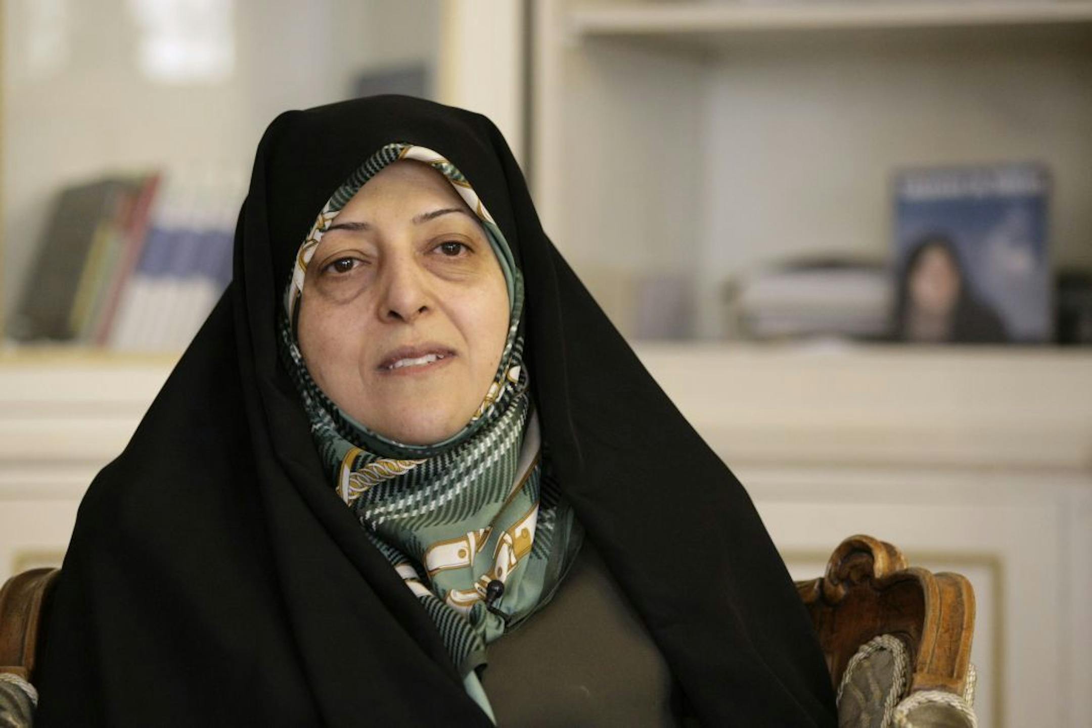 In this photo taken on Thursday, Feb. 14, 2013, Masoomeh Ebtekar, who was one of the Iranian students who occupied the U.S. Embassy in Tehran in 1979 and acted as the Iranian students' spokeswoman, speaks in an interview with The Associated Press, in Tehran, Iran.