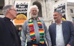 (Left to right) Rev. Curtiss DeYoung, Rev. Doug Mitchell and Rabbi Michael Latz were among the clergy at a Poor People's Campaign rally at the state c