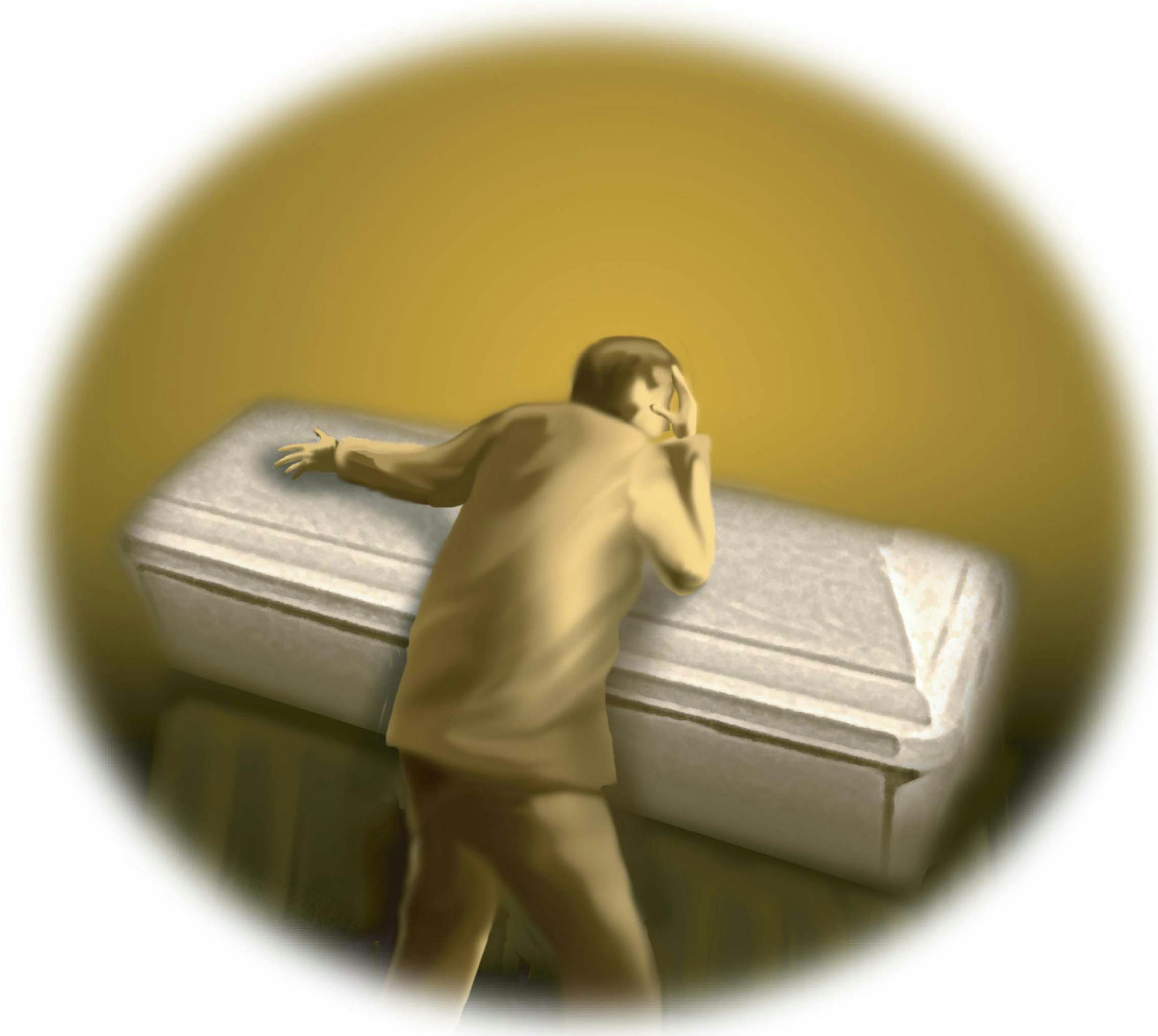300 dpi Laurie McAdam color illustration of man grieving over funeral casket. The Modesto Bee 2008<p> funeral death illustration casket grief grieving dying life emotion sadness pain loss change dead wake mourning mourn; 08000000; HUM; krtfeatures features; krthumaninterest human interest; 08005002; 08005003; 08005005; death; funeral; memorial; ODD; PEO; society; 2008; krt2008; krtnational national; krtworld world; krt; mctillustration; mo contributed coddington mcadam mct mct2008