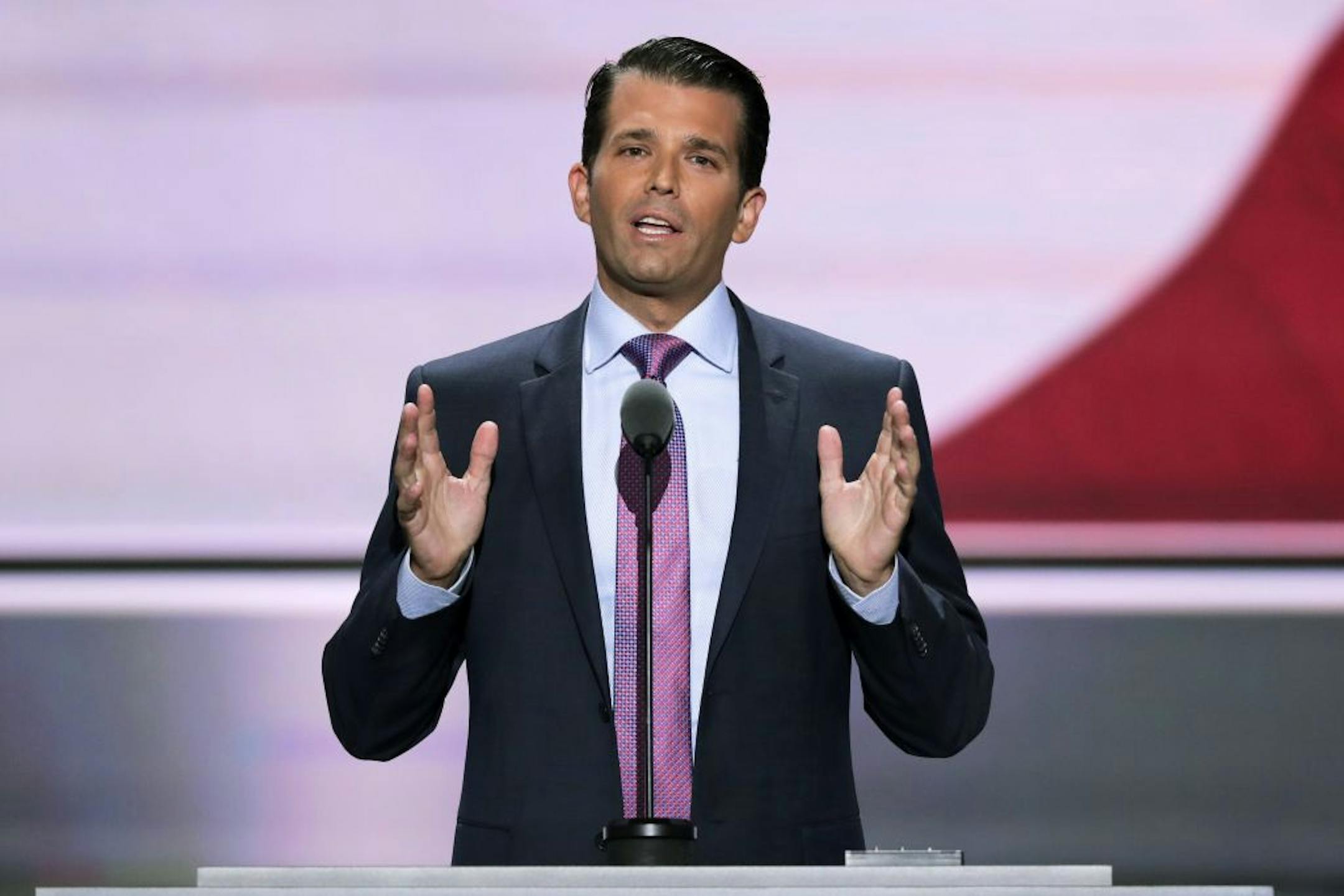 In this July 19, 2016, file photo, Donald Trump Jr., son of Republican presidential candidate Donald Trump, speaks at the Republican National Convention in Cleveland.