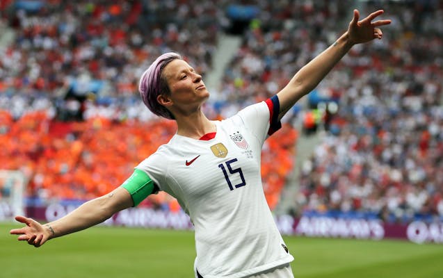 FILE - In this July 7, 2019 file photo, United States' Megan Rapinoe celebrates after scoring the opening goal from the penalty spot during the Women'