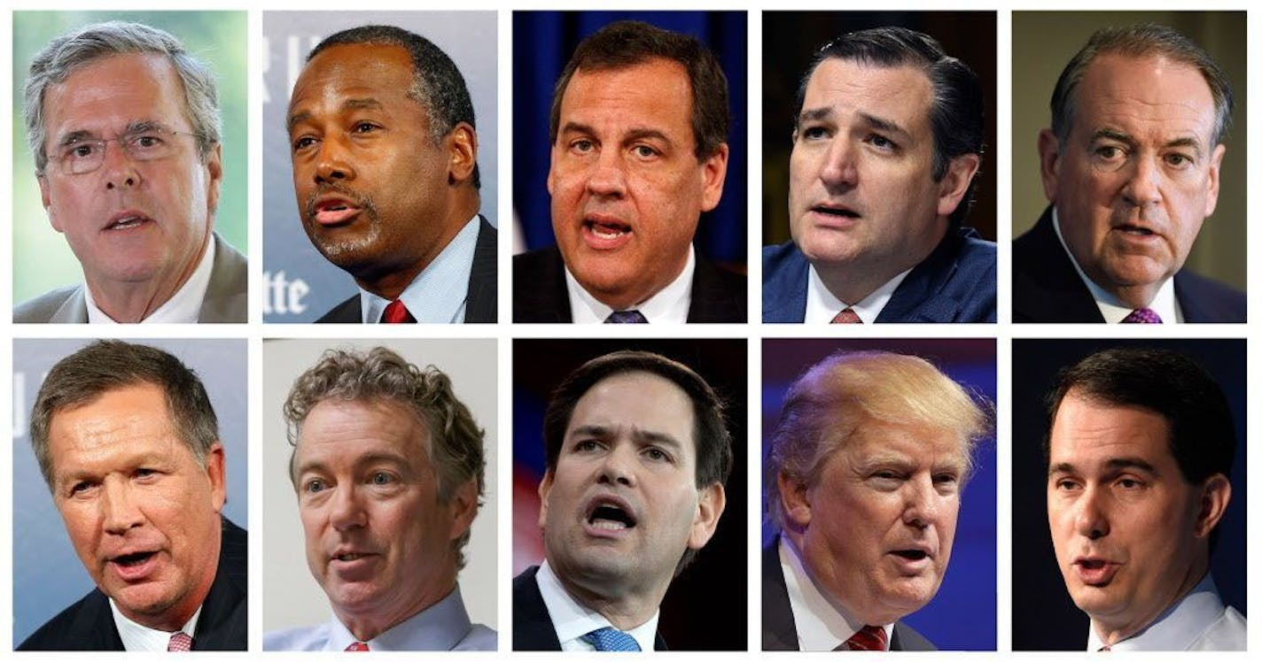 This combination of photos, from top left, shows Republican presidential candidates Jeb Bush, Ben Carson, Chris Christie, Ted Cruz, Mike Huckabee and from bottom left, John Kasich, Rand Paul, Marco Rubio, Donald Trump and Scott Walker.