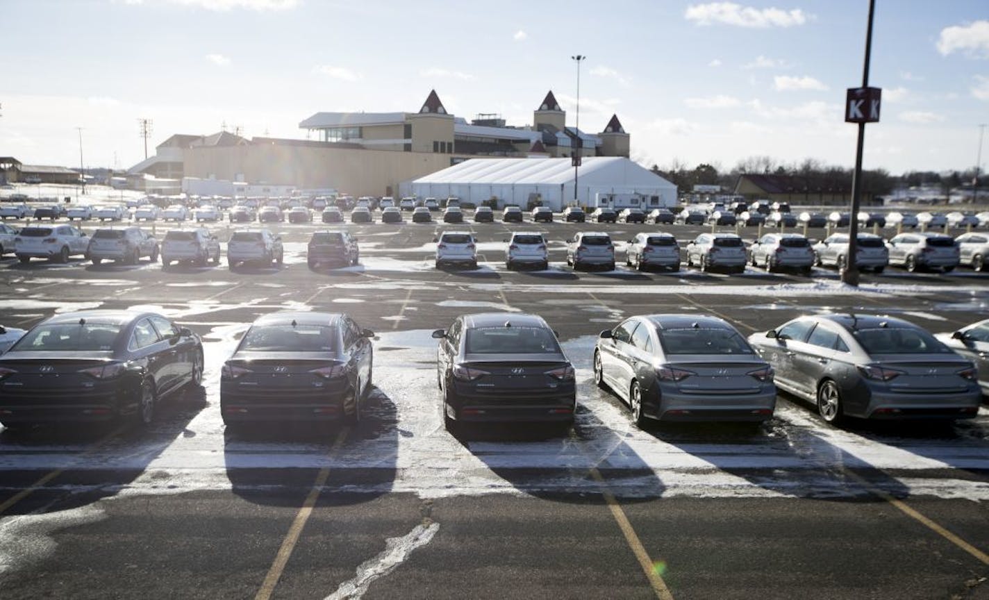 The outdoor Hyundai storage location at Canterbury Park in Shakopee for the 400 Super Bowl cars for Super Bowl executives, traveling workers and the teams. Hyundai is the NFL's official car sponsor.