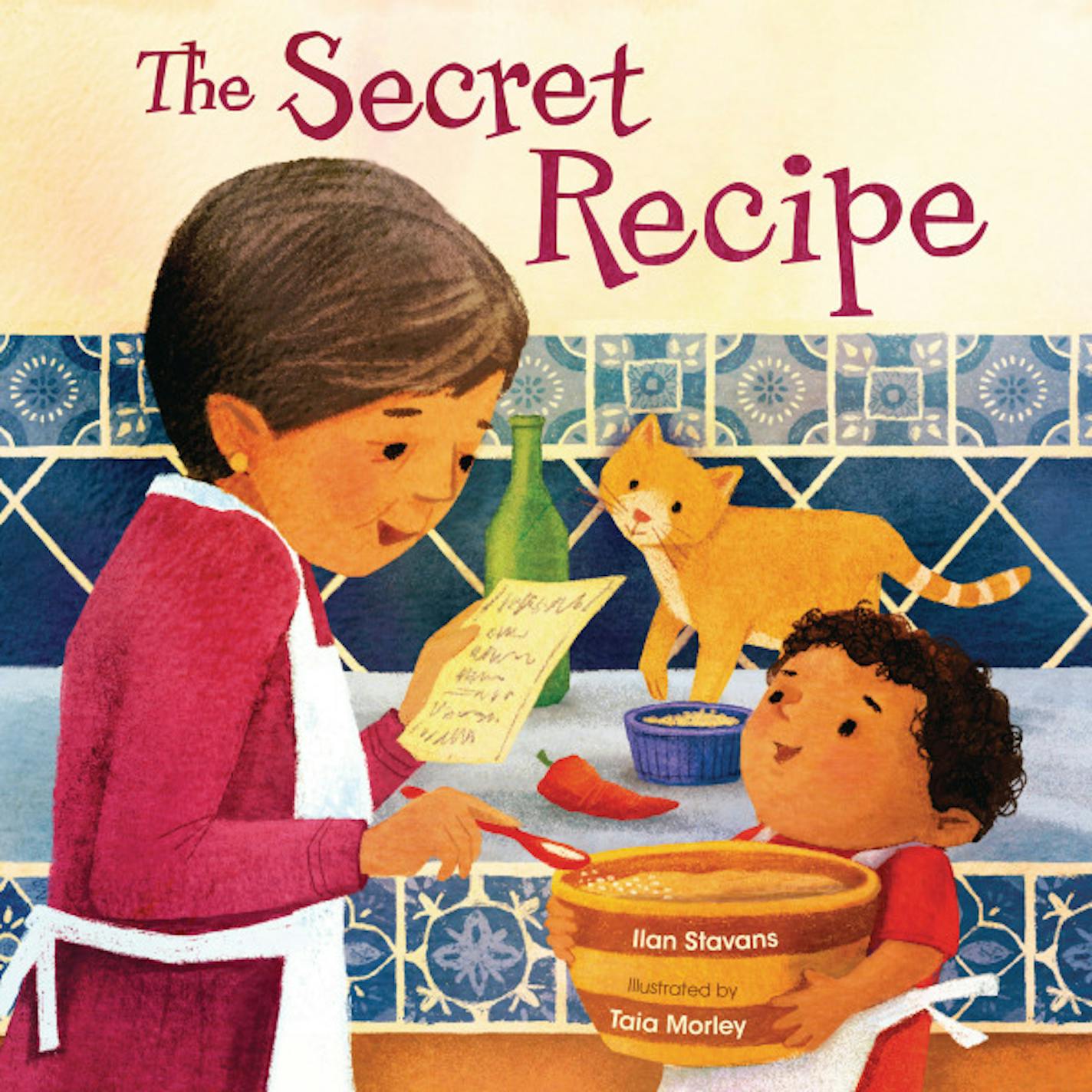 cover of The Secret Recipe is a child and an older woman following a recipe while a cat looks on