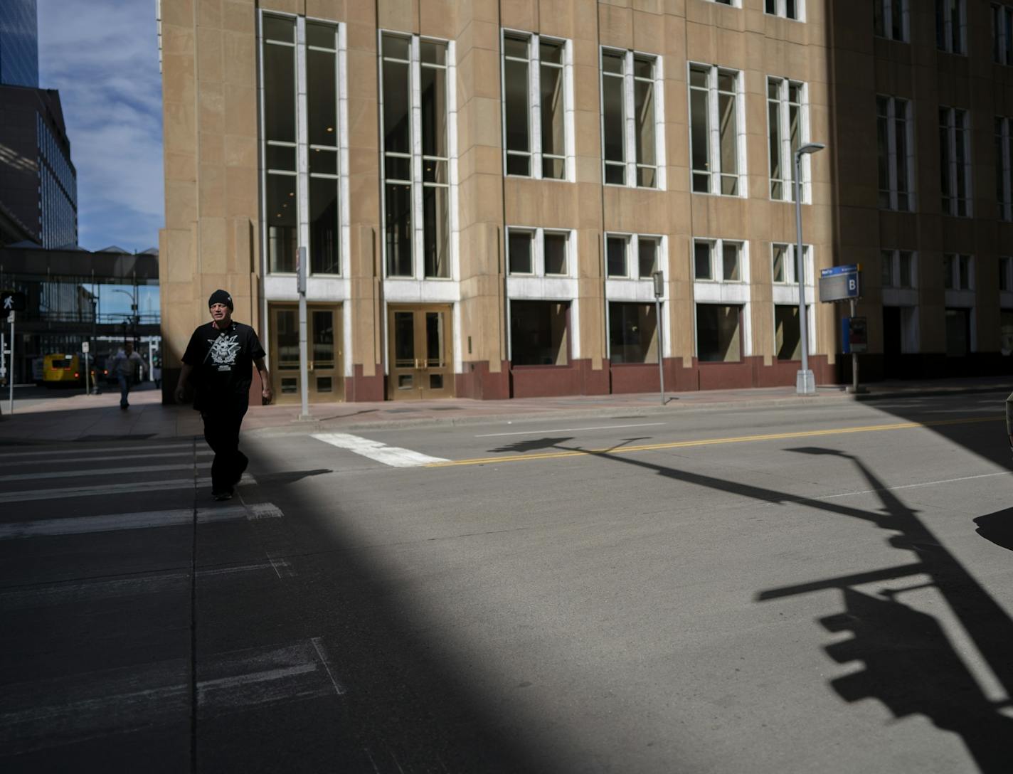 The intersection of Marquette and Seventh in downtown Minneapolis was largely empty on Monday morning, the first day of Gov. Tim Walz's stay-at-home order.