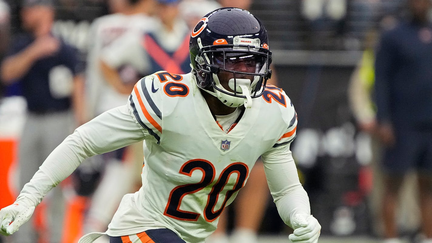 Chicago Bears cornerback Duke Shelley (20) during the second half of an NFL football game against the Las Vegas Raiders, Sunday, Oct. 10, 2021, in Las Vegas. (AP Photo/Rick Scuteri)