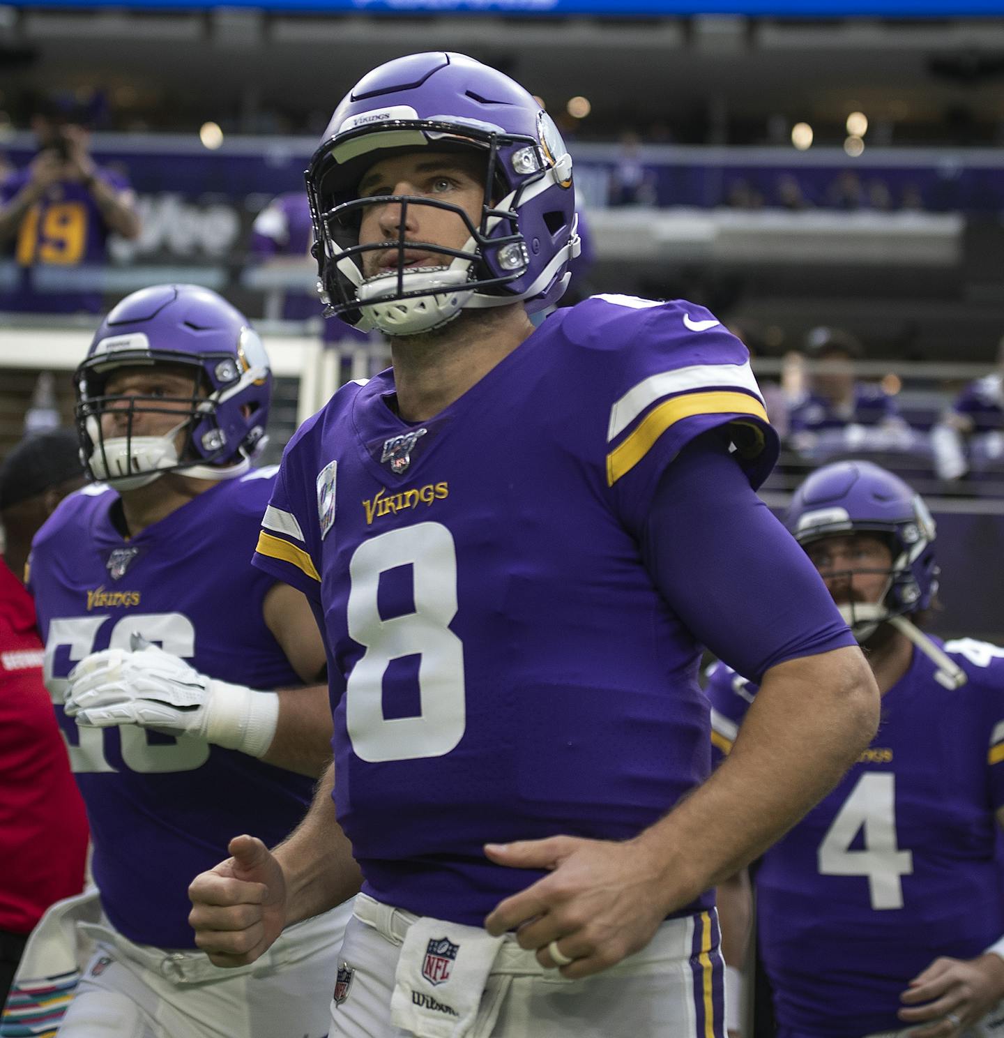 Minnesota Vikings quarterback Kirk Cousins (8) ran out for warmups at U.S. Bank Stadium.] Jerry Holt &#x2022; Jerry.holt@startribune.com The Minnesota Vikings hosted the Philadelphia Eagles at U.S. Bank Stadium Sunday Oct. 13, 2019. Minneapolis, MN. Jerry Holt ORG XMIT: MIN1910131134085365 ORG XMIT: MIN2001031817200675