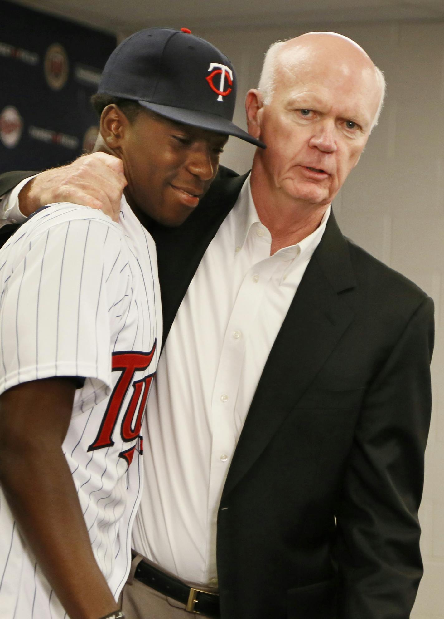 Twins GM Terry Ryan hugged Nick Gordon after he introduced him to the media. Twins sign shortstop Nick Gordon from Olympia High school in Orlando, Fla. whom they selected with the 5th overall pick in the 2014 Major League Baseball First-year Player draft. The 18-year-old Gordon spoke with media Monday at Target Field June 9, 2014 in Minneapolis ,MN. ] Jerry Holt Jerry.holt@startribune.com