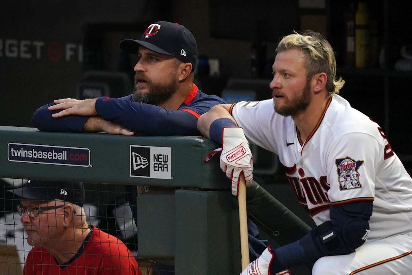 Minnesota Twins manager Rocco Baldelli (5) and third baseman Josh Donaldson (20) watched from the dugout in the fifth inning. ] ANTHONY SOUFFLE • anthony.souffle@startribune.com