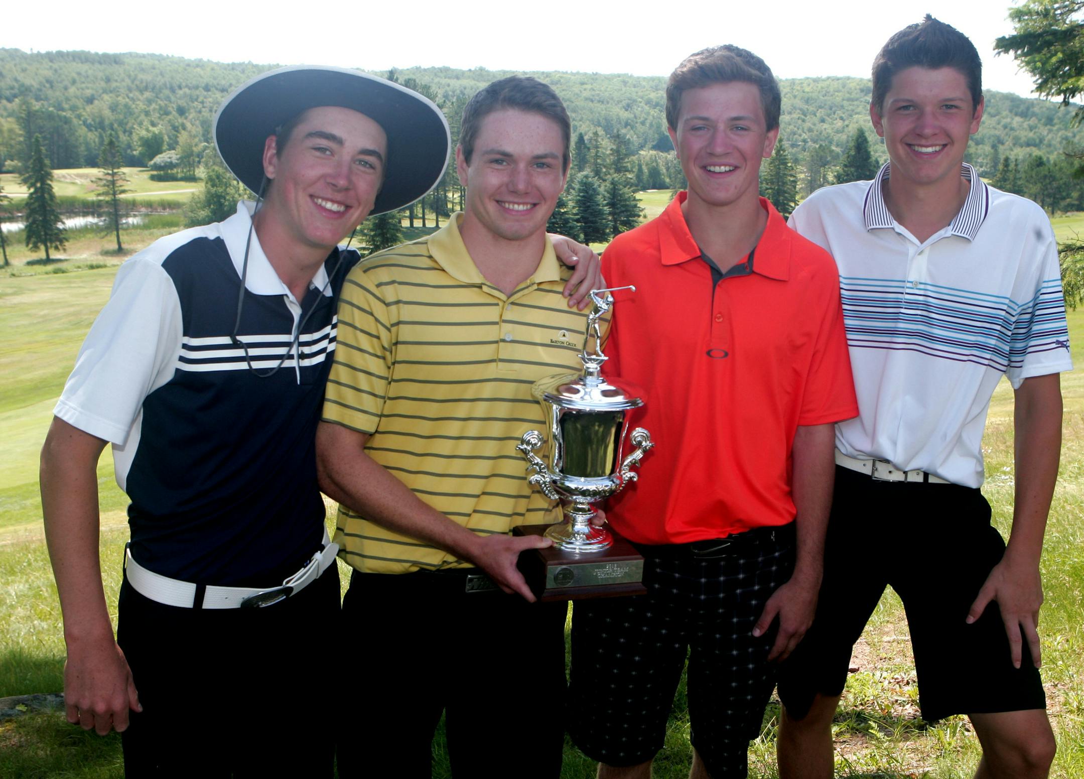 1st place Indian Hills CC after the 2nd round of the 53rd MGA Jr. Team Championship at the Ridgeview Country Club on Saturday, August 3rd. Left to right, Patrick Conroy, Danny Hoban, Michael Pitcher, and Sam Cowley. Photo by Mark Brettingen/Courtesy MGA