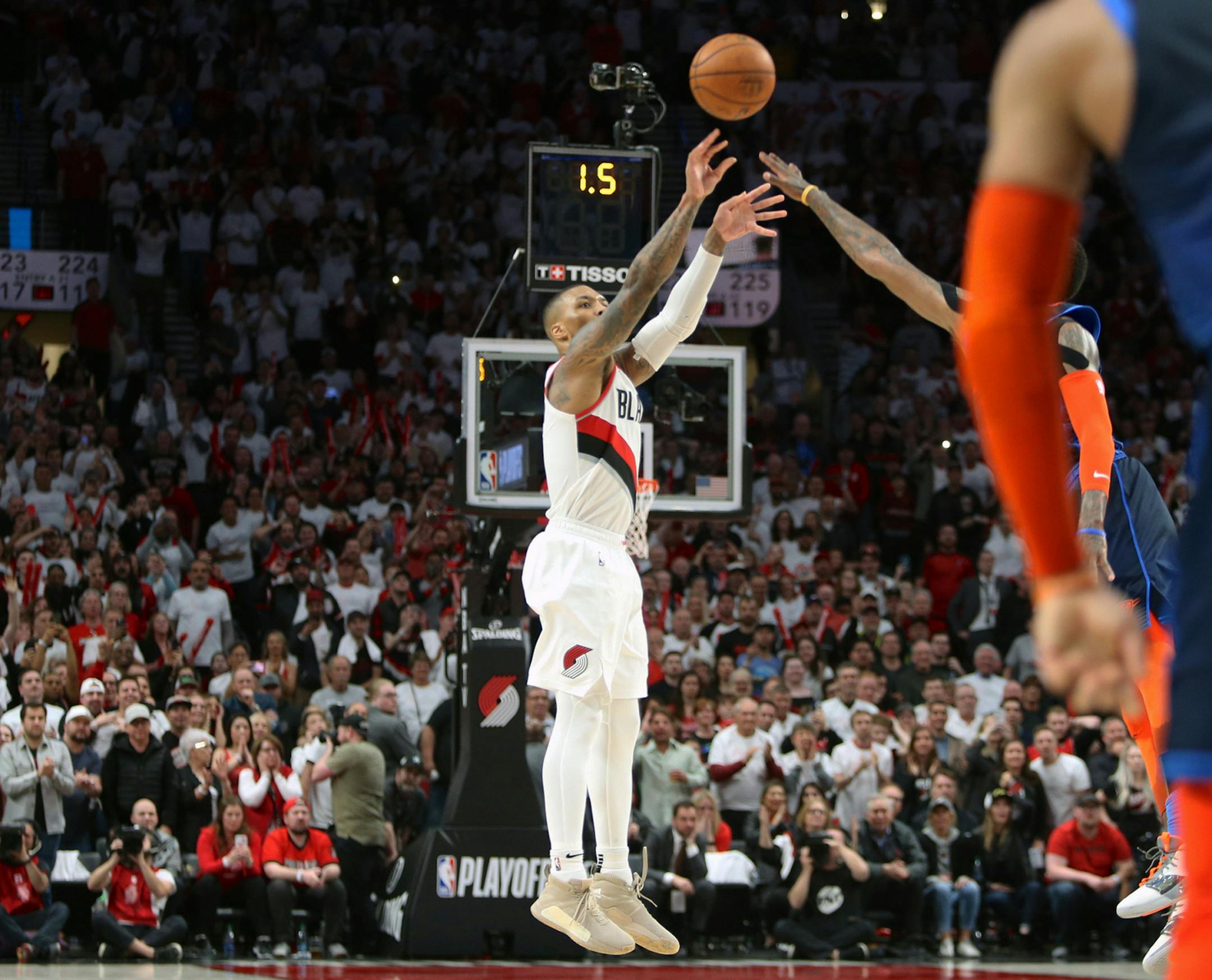 Portland Trail Blazers' Damian Lillard shoots the game-winning three-pointer to beat the Oklahoma City Thunder 118-115 in Game 5 of their best-of-seven first-round playoff series in Portland, Ore., Tuesday, April 23, 2019. Lillard finished with a franchise playoff-record 50 points and Portland eliminated Oklahoma City from the postseason. (Sean Meagher/The Oregonian via AP)